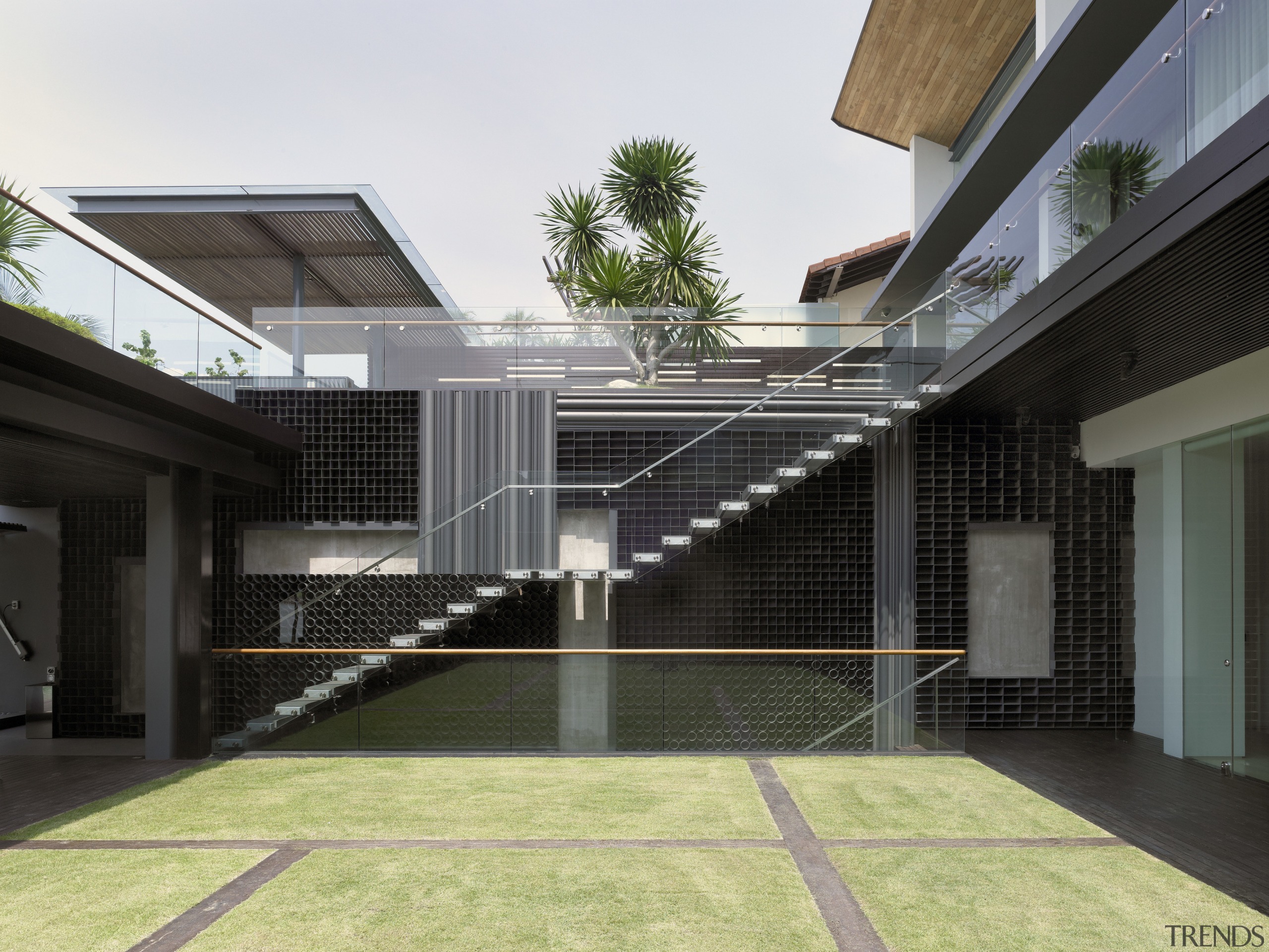 View of this stairway which leads to the architecture, building, courtyard, daylighting, estate, facade, house, property, real estate, residential area, black
