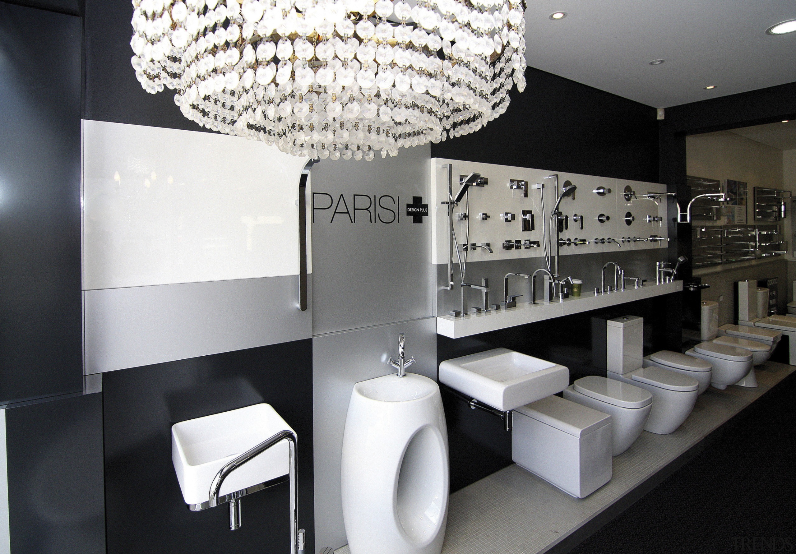 View of contemporary bathroom fixtures. - View of ceiling, interior design, light fixture, lighting, product design, black, white