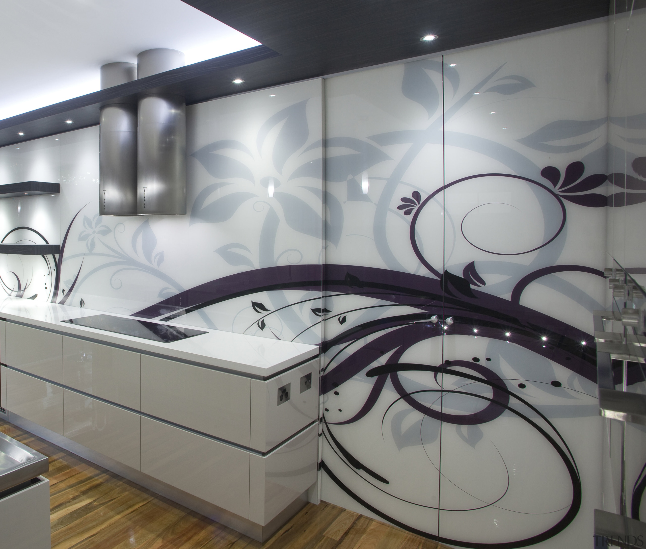 View of kitchen with wood floors featuring products ceiling, design, glass, interior design, product design, gray