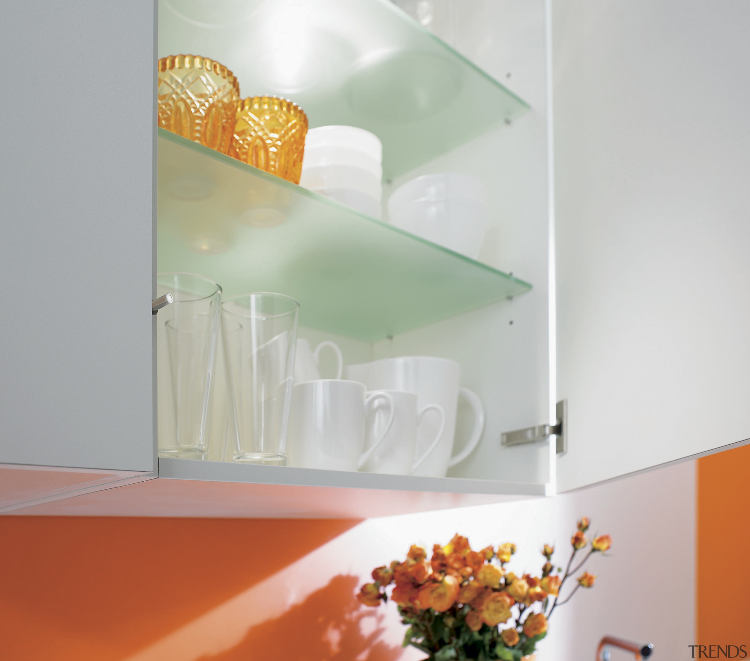 A view of a drawer system by Blum ceiling, floor, glass, interior design, orange, product design, shelf, table, wall, gray