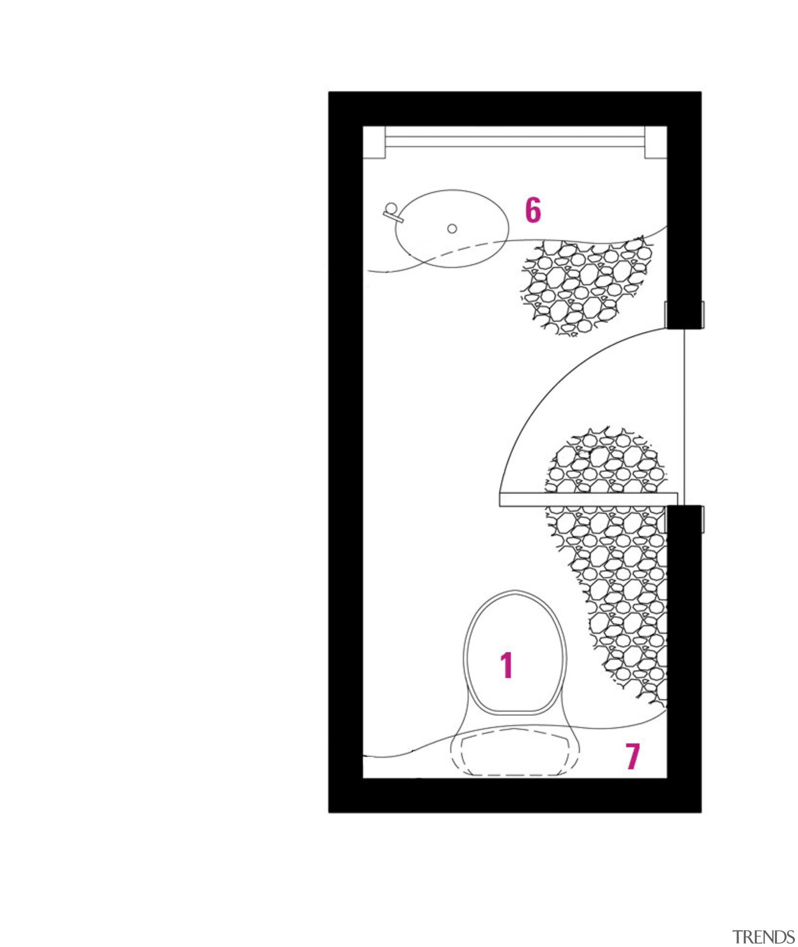 1 Toilets. 2 Bathtub. 3 Shower stall. 4 area, design, diagram, font, line, pattern, product, product design, text, white