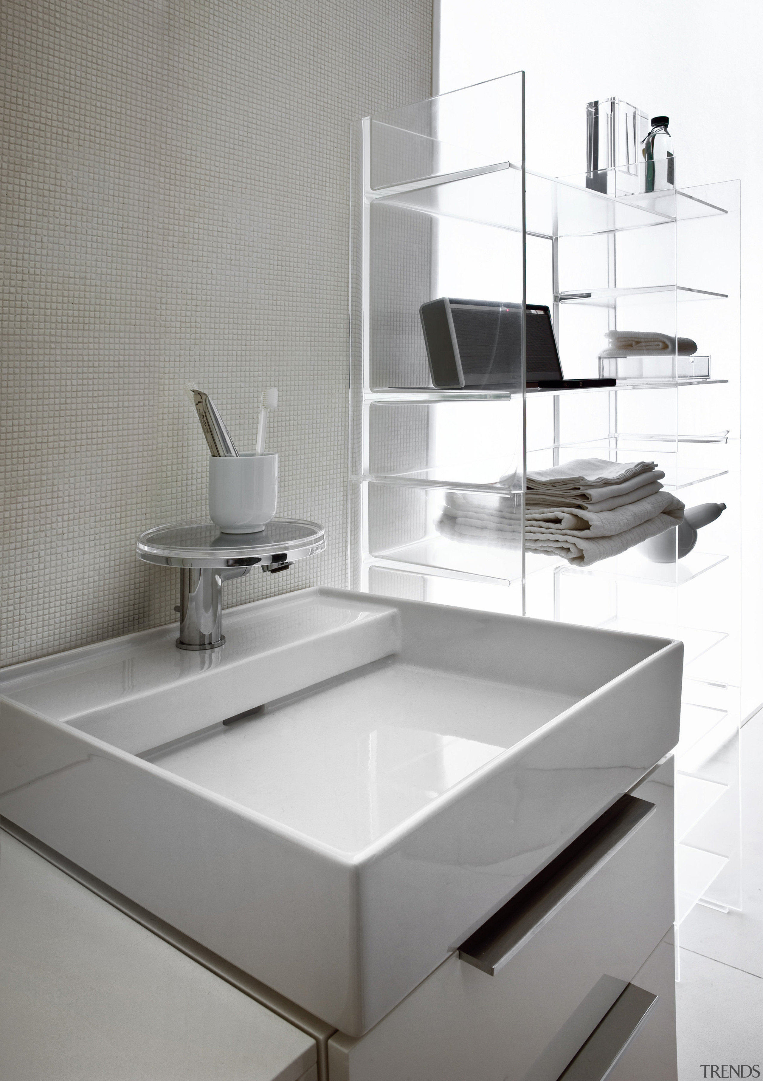 Swiss bathroomware manufacturer Laufen has been creating products bathroom, bathroom sink, ceramic, countertop, furniture, interior design, kitchen, plumbing fixture, product, product design, sink, table, tap, gray, white