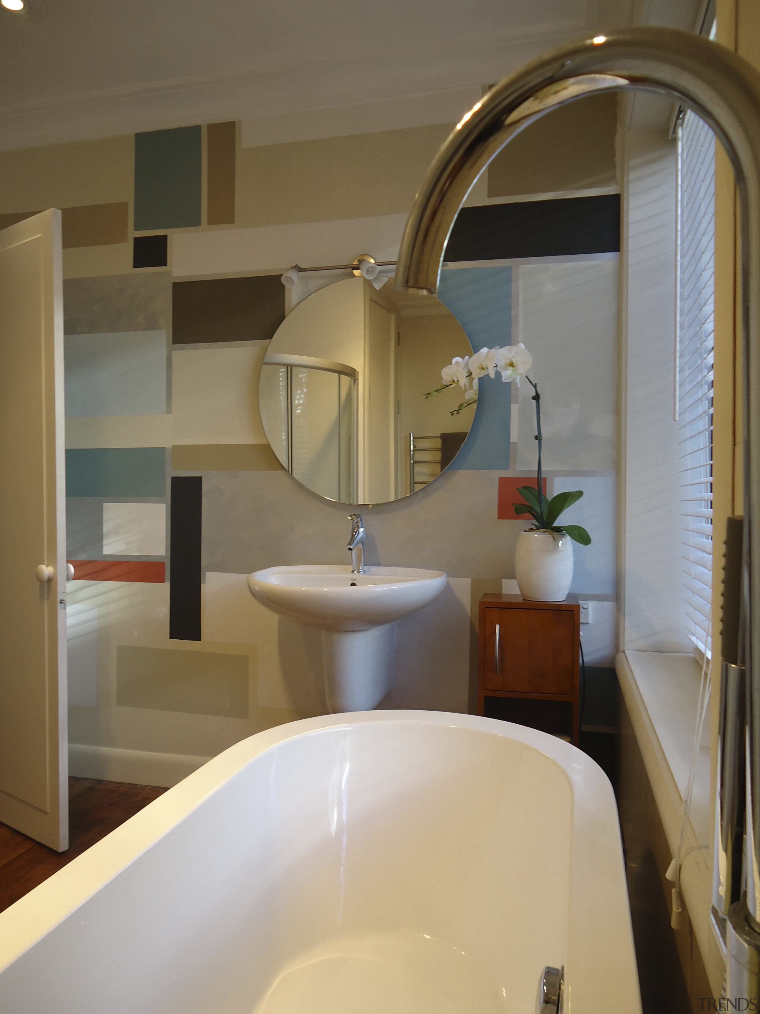This bathroom is painted in Resene SpaceCote Low bathroom, home, interior design, room, sink, tap, brown, gray