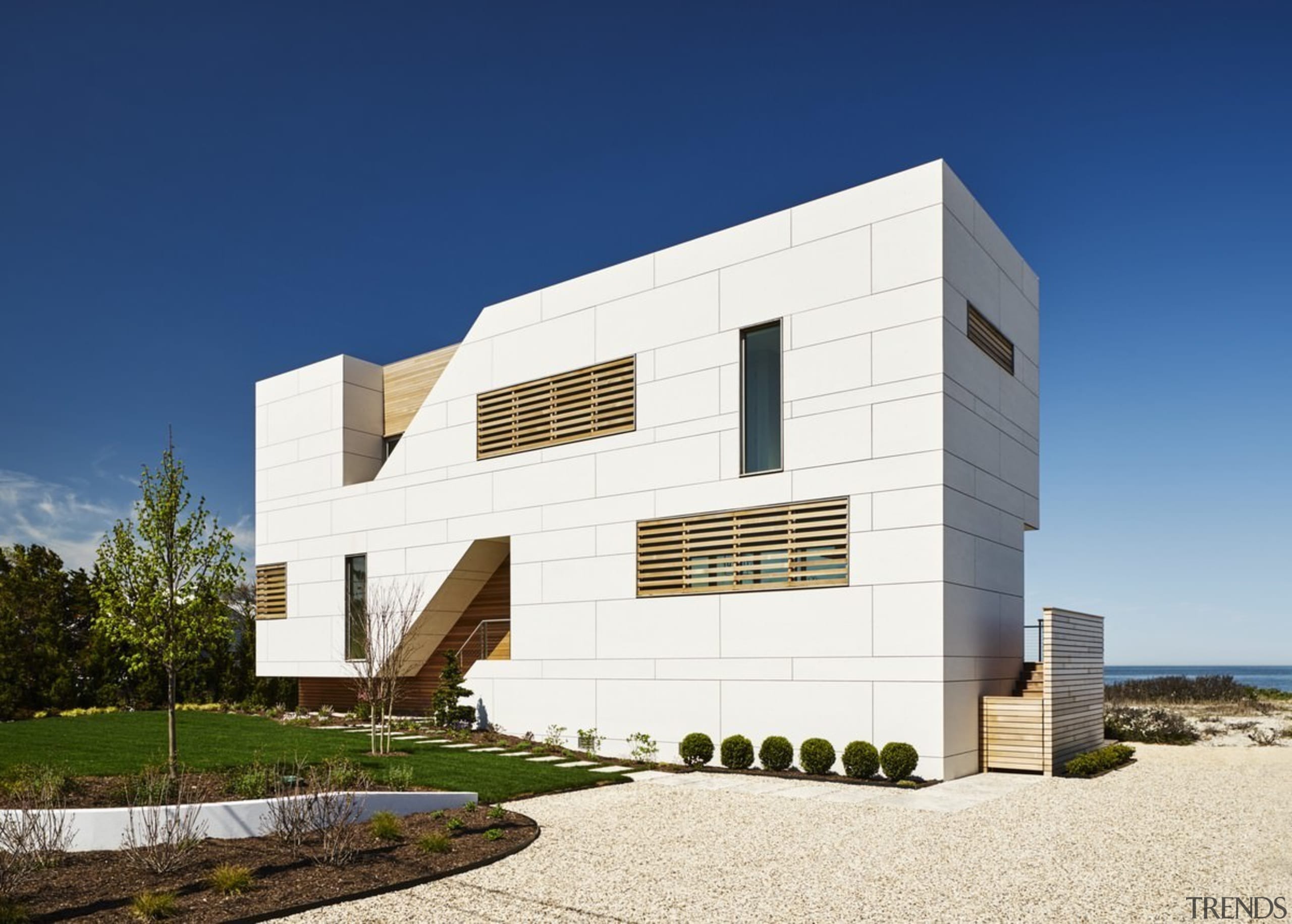 From the driveway - From the driveway - architecture, building, corporate headquarters, elevation, facade, home, house, property, real estate, sky, blue, white