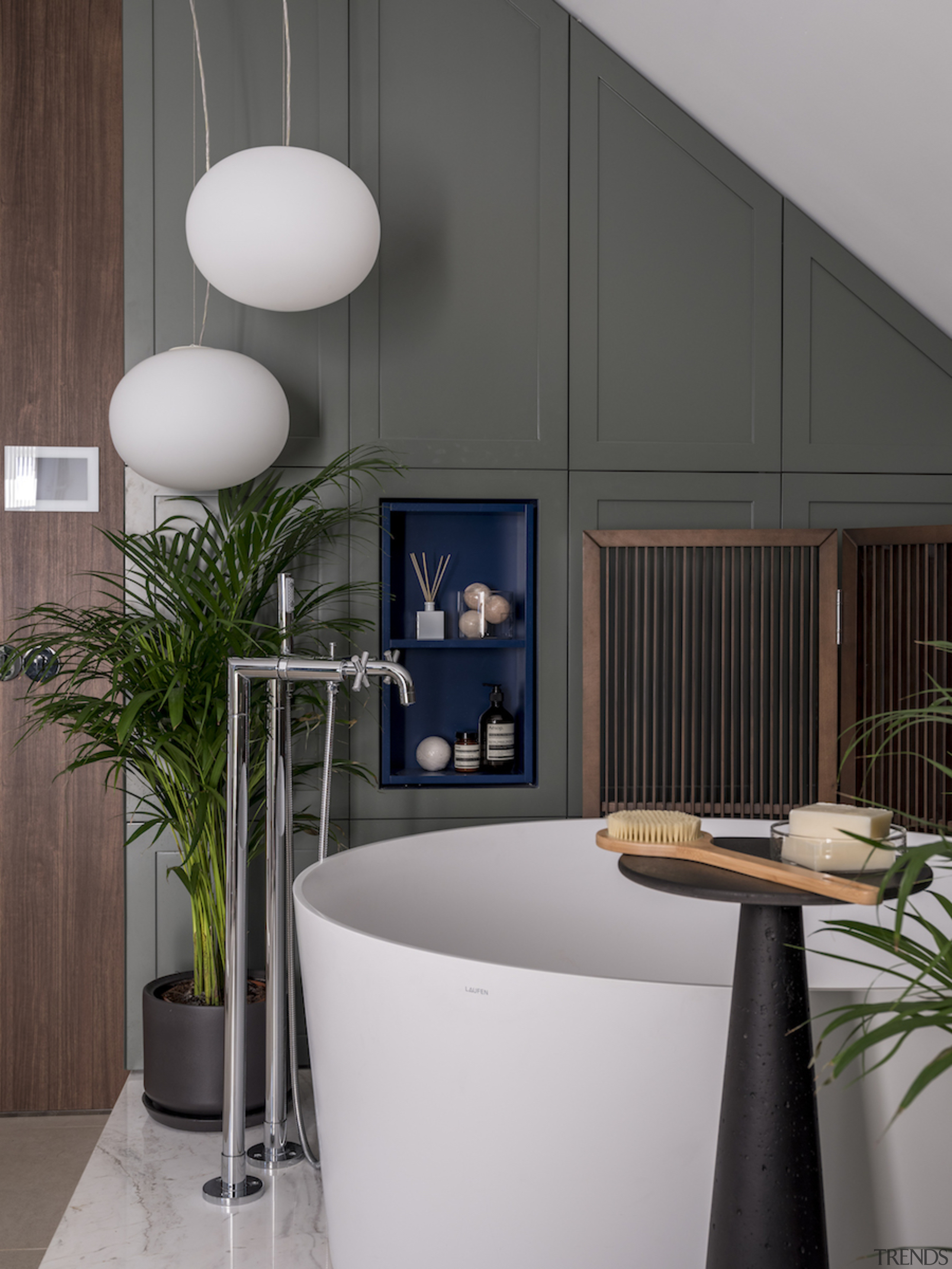 Bathing area detail shot, including taps, lighting and architecture, building, cabinetry, ceiling, design, floor, furniture, home, house, interior design, lighting, material property, property, room, table, wall, gray, black