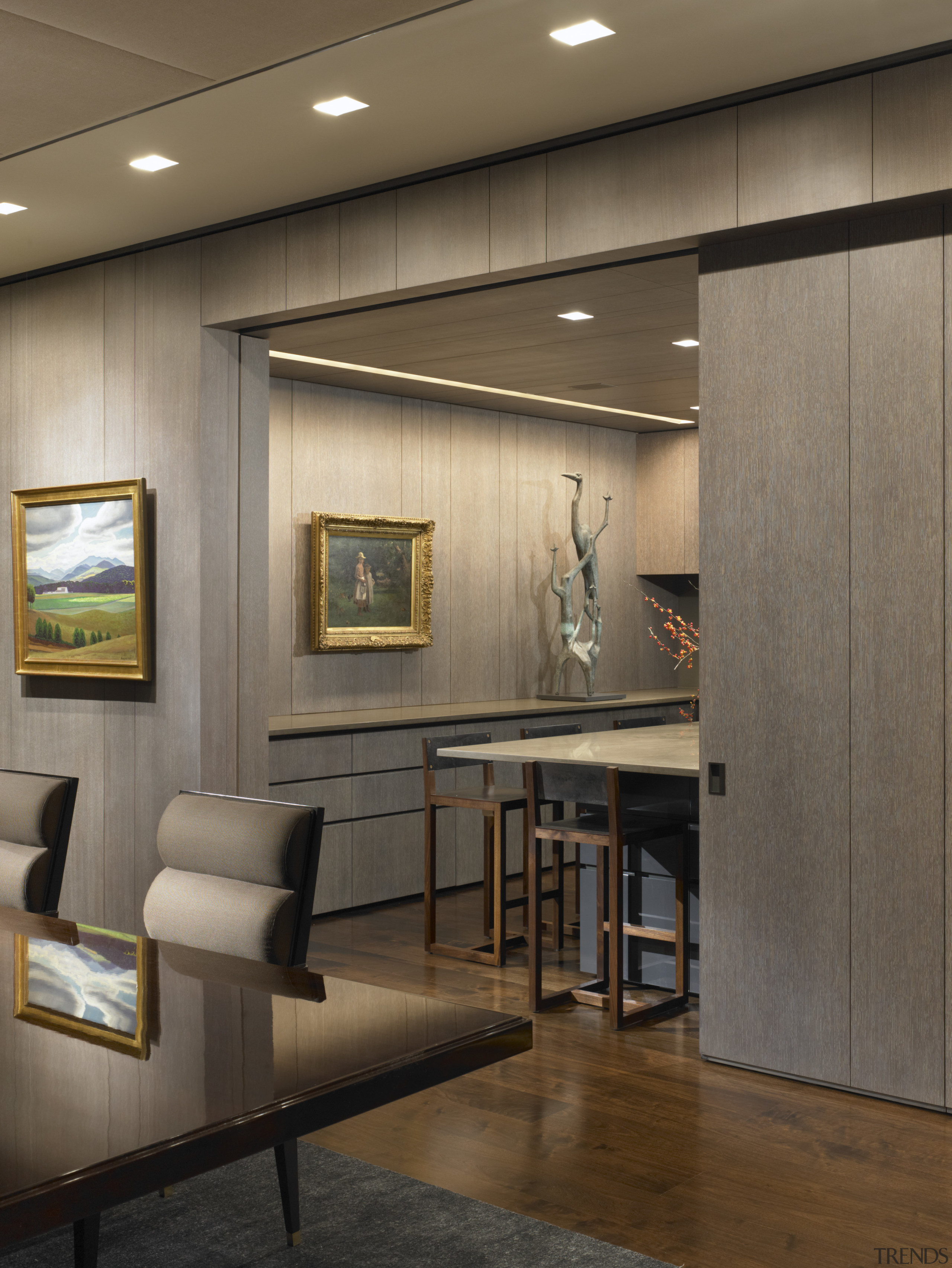 View of this contemporary apartment that has been ceiling, floor, flooring, furniture, interior design, lobby, wall, brown