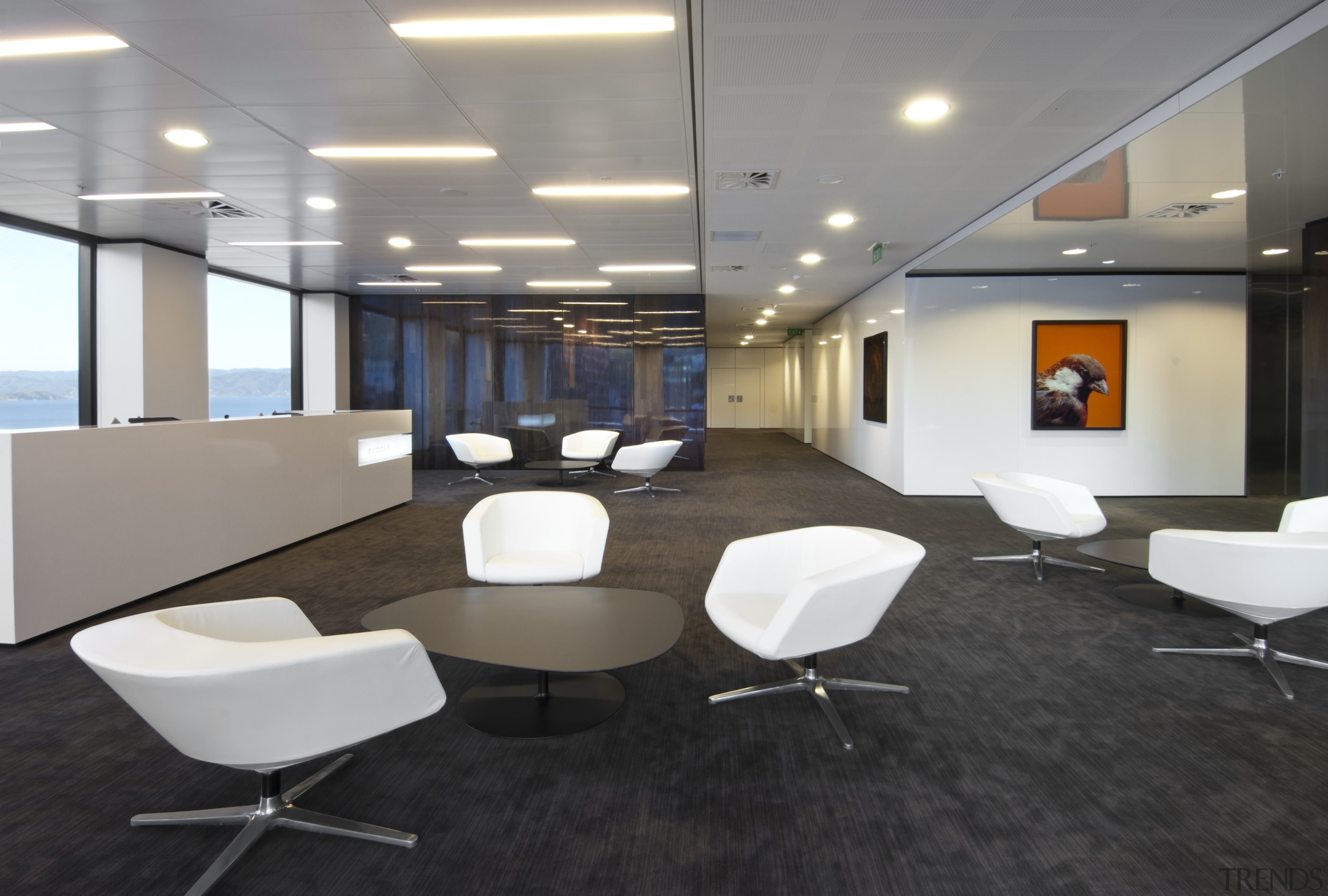 Interior view of the contemporary office area - ceiling, conference hall, floor, flooring, furniture, interior design, office, product design, table, gray, black