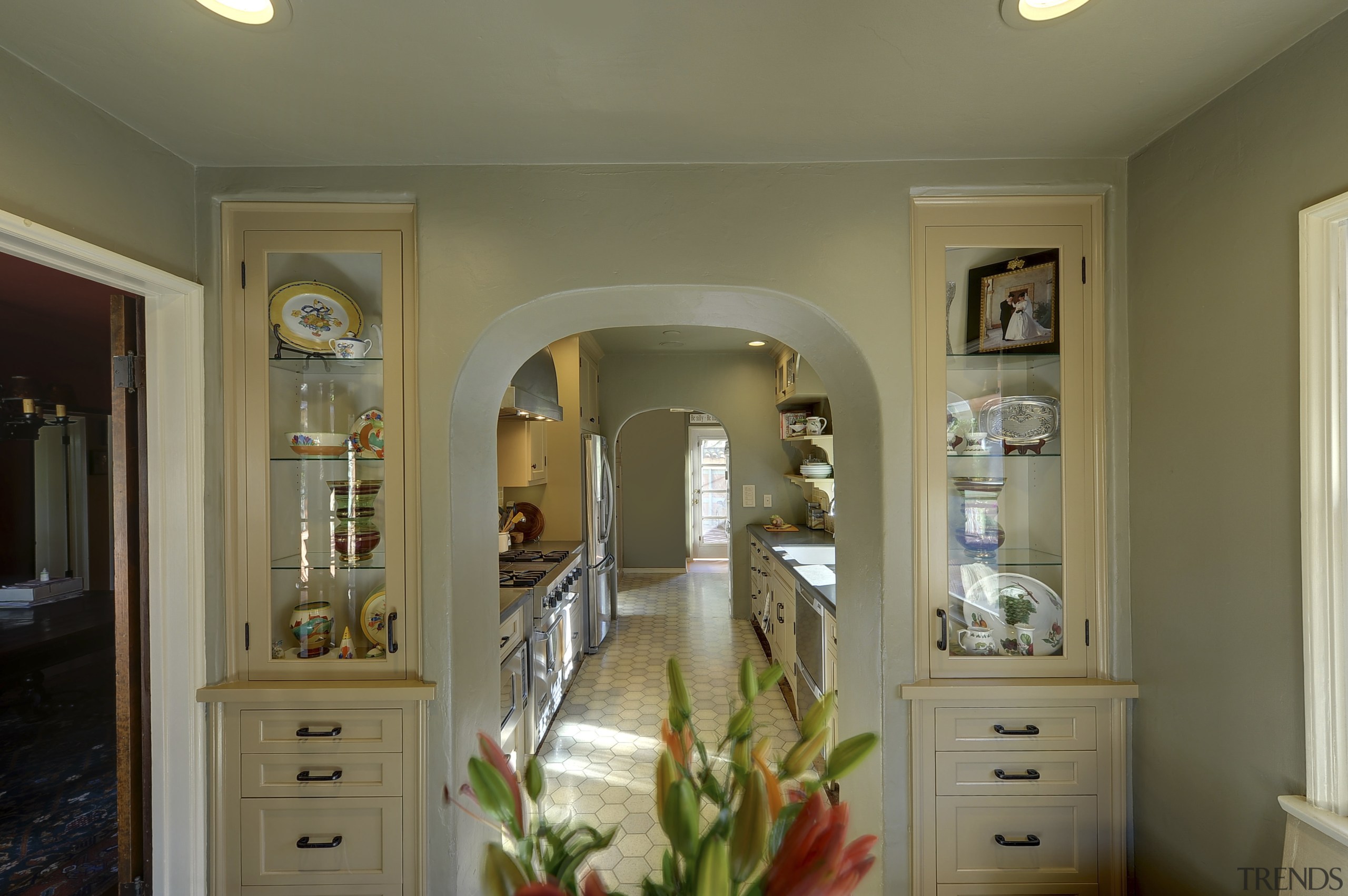 View of Spanish-style home with open shelving and cabinetry, ceiling, home, interior design, room, wall, window, brown