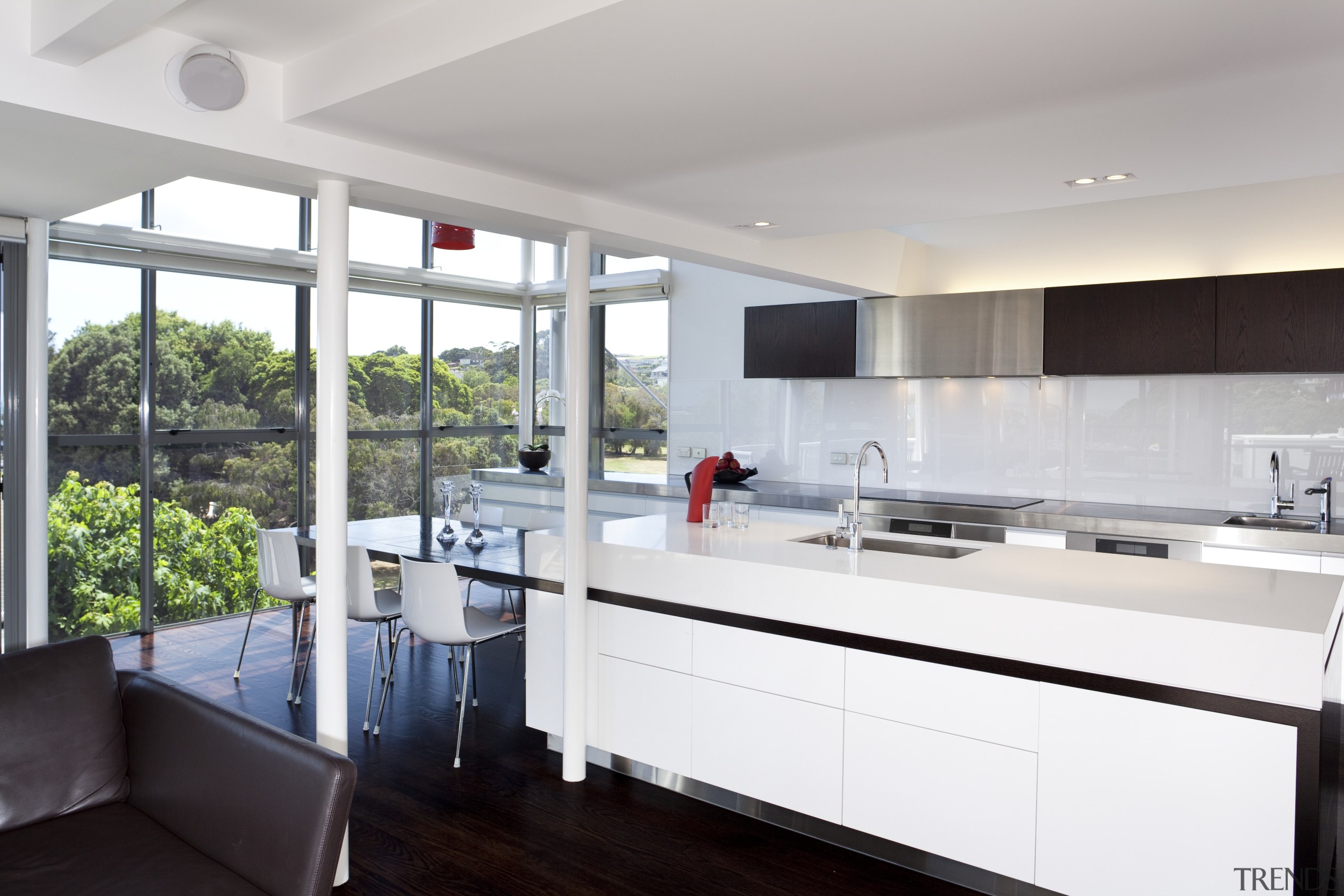 This light-filled kitchen is orientated to harness the countertop, interior design, kitchen, real estate, gray, white