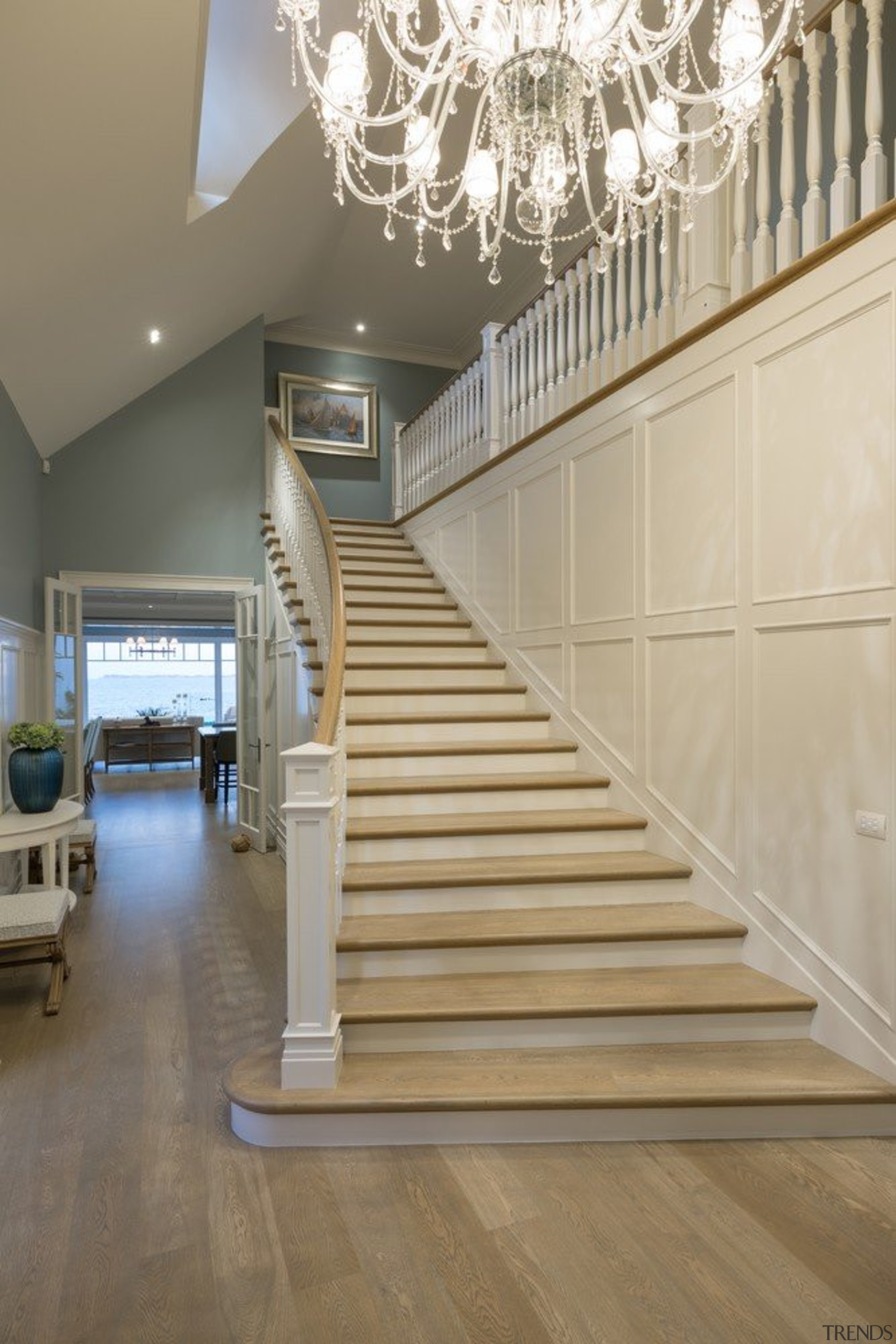 Stairway - architecture | baluster | ceiling | architecture, baluster, ceiling, daylighting, floor, flooring, handrail, hardwood, home, interior design, laminate flooring, lobby, stairs, wall, wood, wood flooring, orange, gray, brown