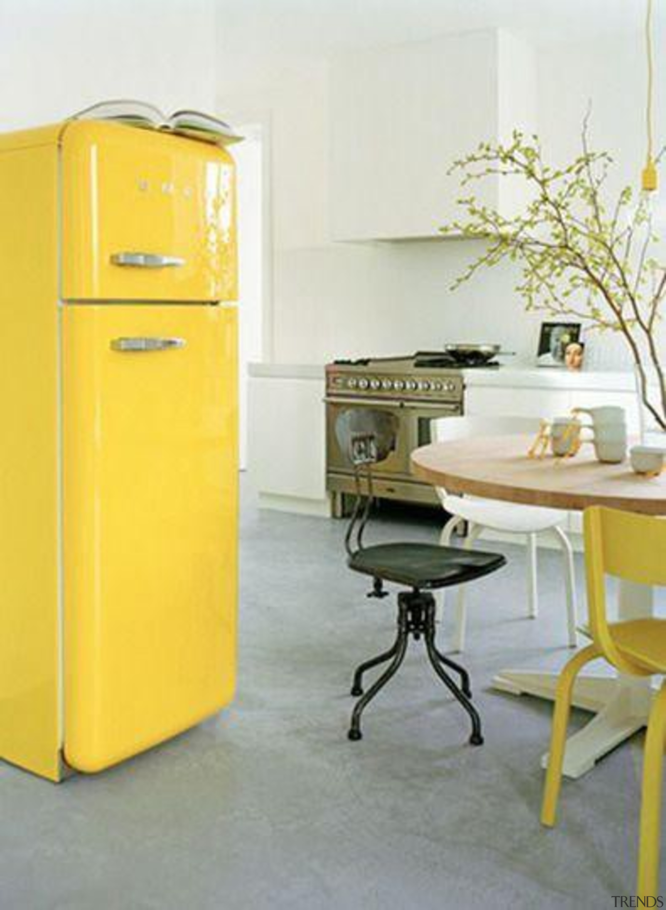 Add splash of color to your kitchen design desk, filing cabinet, furniture, home appliance, major appliance, product, product design, refrigerator, table, yellow, white, gray, yellow