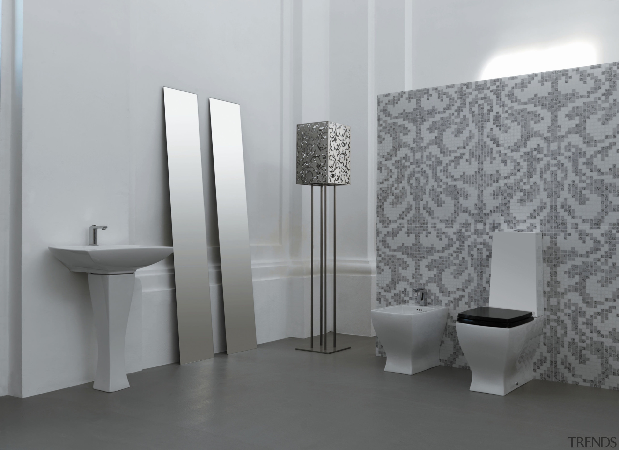 Interior view of this contemporary bathroom - Interior bathroom, bathroom sink, ceramic, floor, flooring, interior design, plumbing fixture, product, product design, tap, tile, toilet, wall, gray