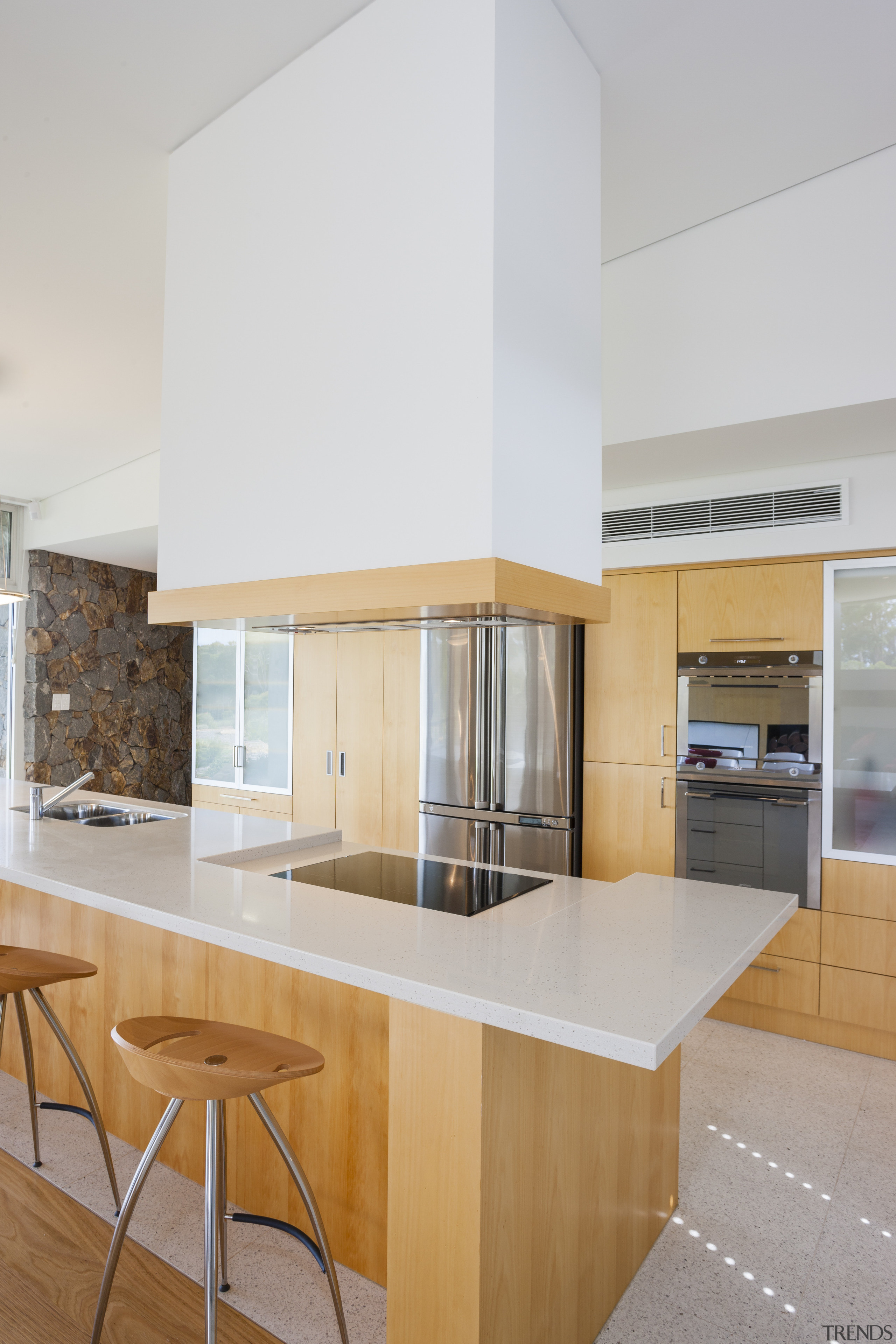 Raw concrete and light wood kitchen - Raw architecture, countertop, cuisine classique, home, house, interior design, interior designer, kitchen, real estate, gray, white