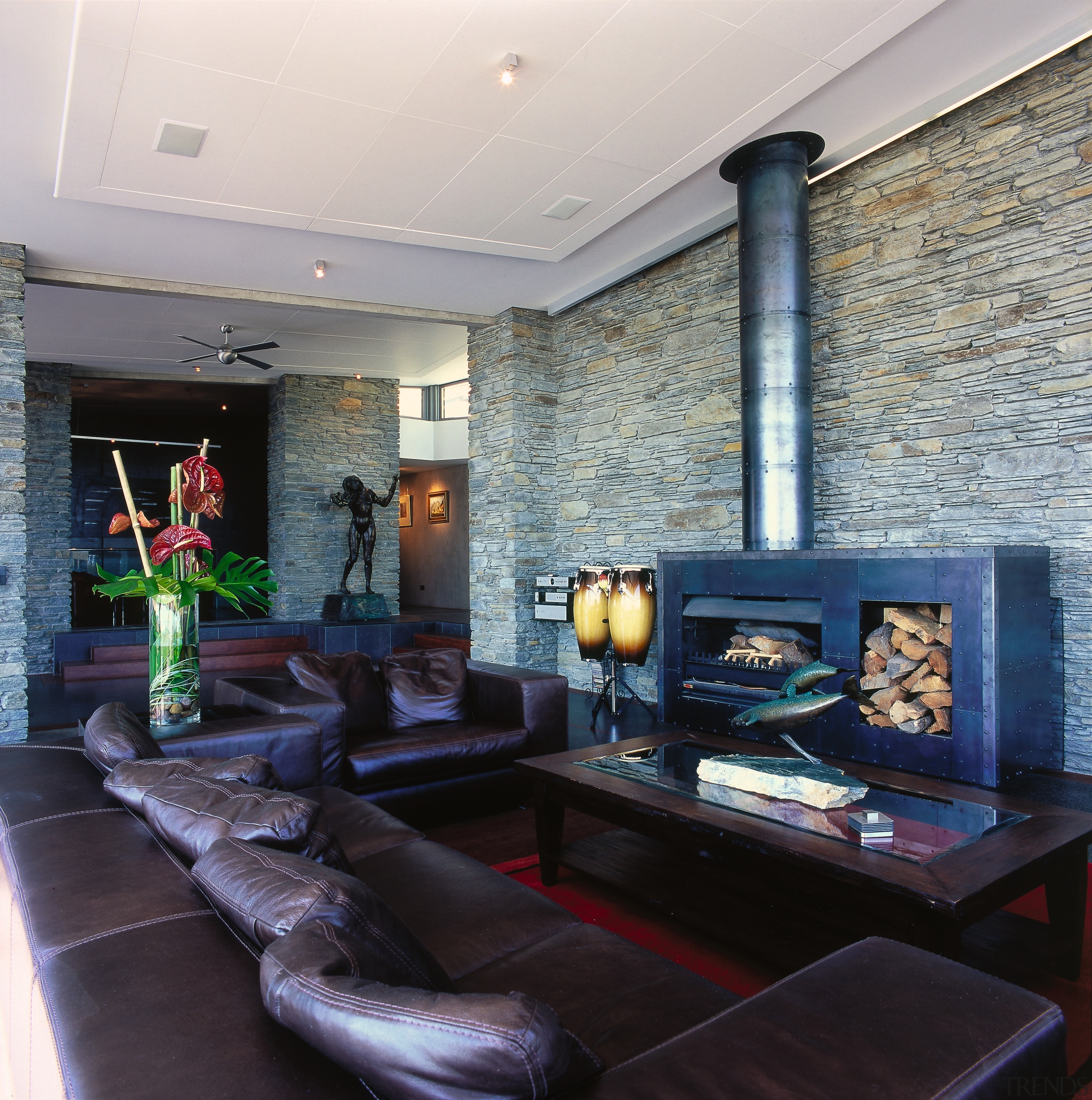 view of the large steel fireplace  custom ceiling, hearth, home, interior design, living room, lobby, real estate, room, wall, black, gray