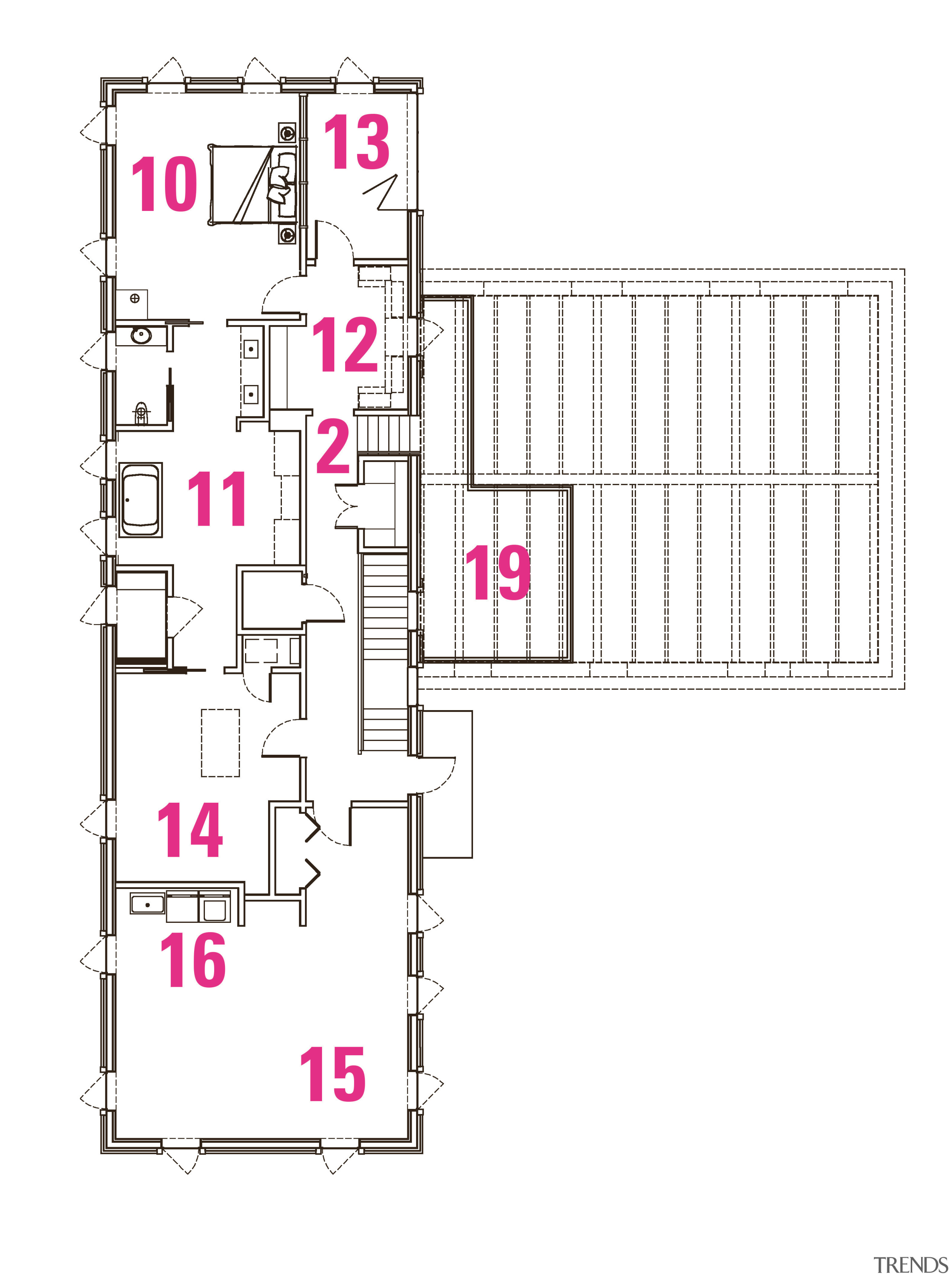 Second floor, main house plan: 2. Hall  area, diagram, floor plan, line, plan, product design, white