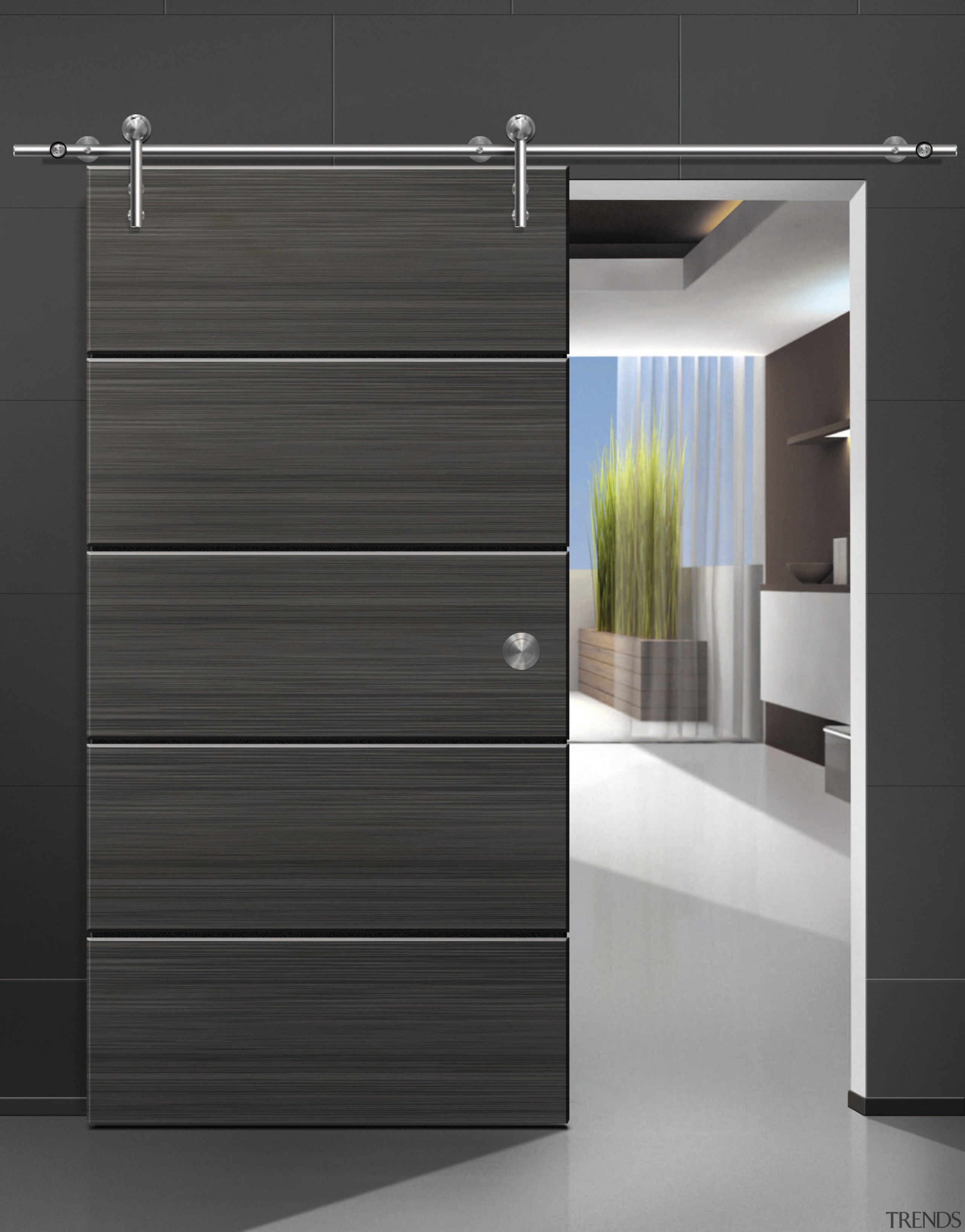 View of sliding doors from Amba Products. - door, floor, interior design, product, product design, wardrobe, wood, black, gray