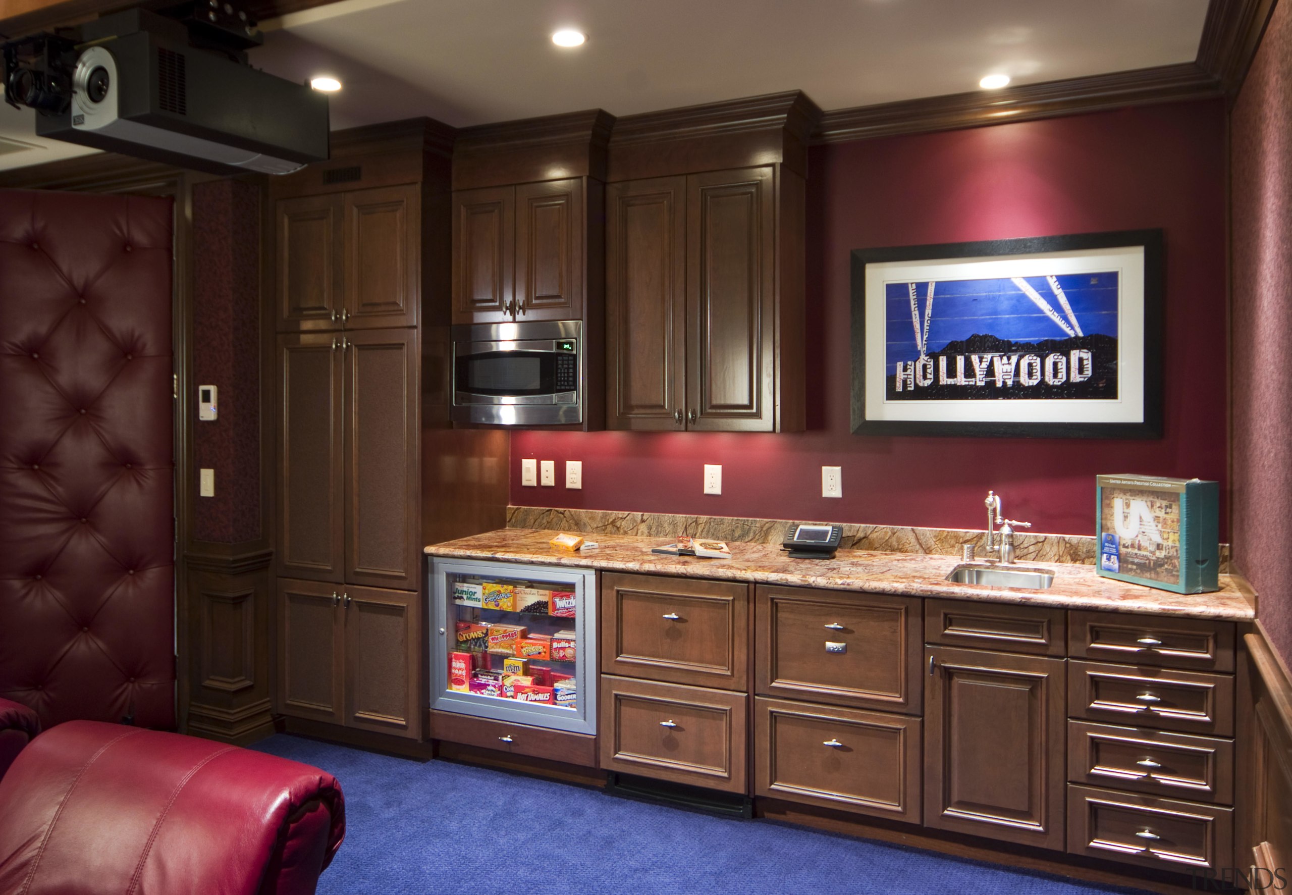 View of Home Theater where HP Media Group cabinetry, countertop, interior design, kitchen, room, red