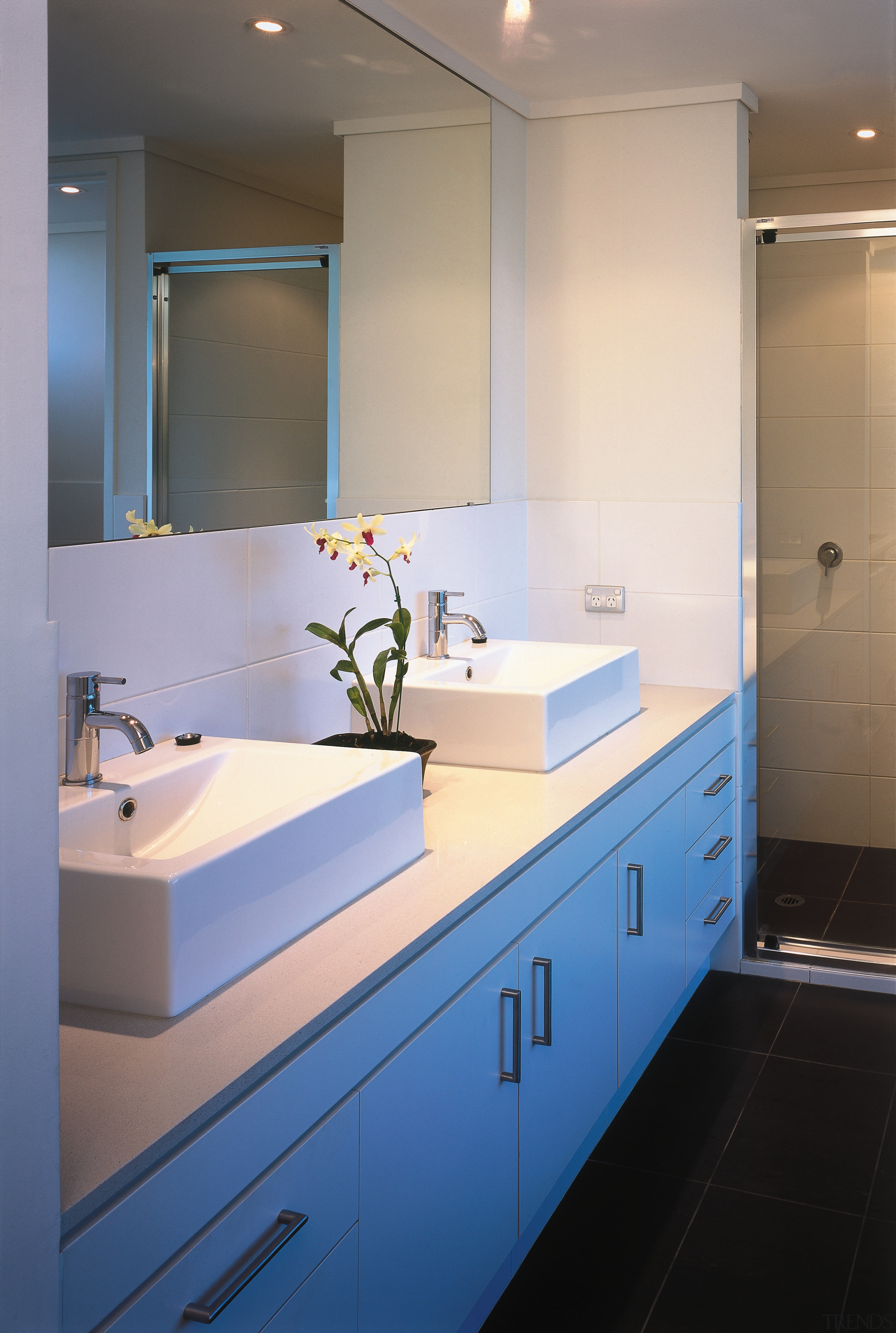 A view of the ensuite, white walls, spot architecture, bathroom, bathroom accessory, bathroom cabinet, cabinetry, countertop, glass, interior design, kitchen, product design, room, sink, gray