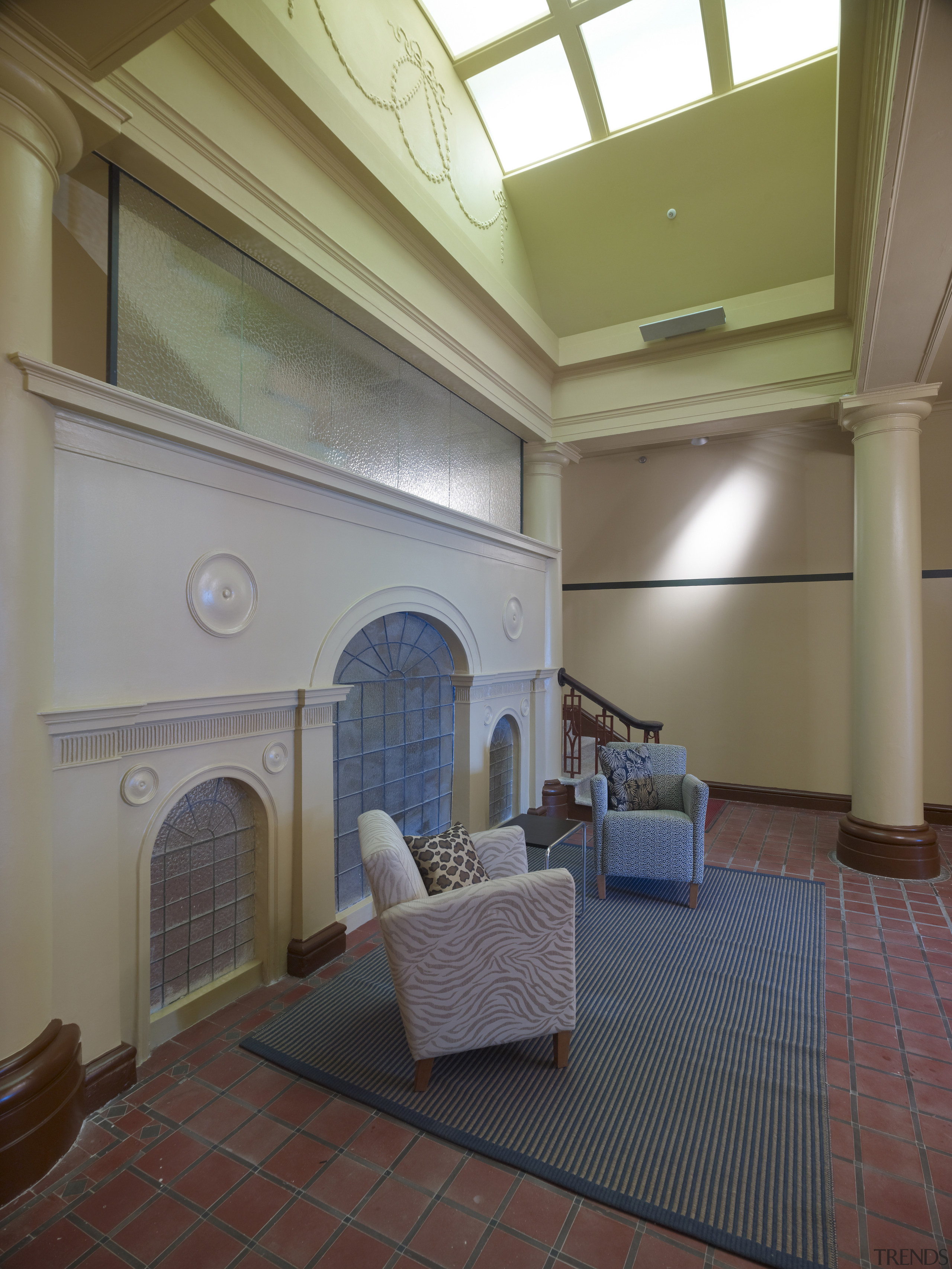 View of lobby in restored historic apartment building. architecture, ceiling, daylighting, estate, floor, flooring, home, house, interior design, living room, property, real estate, room, wall, window, gray, brown