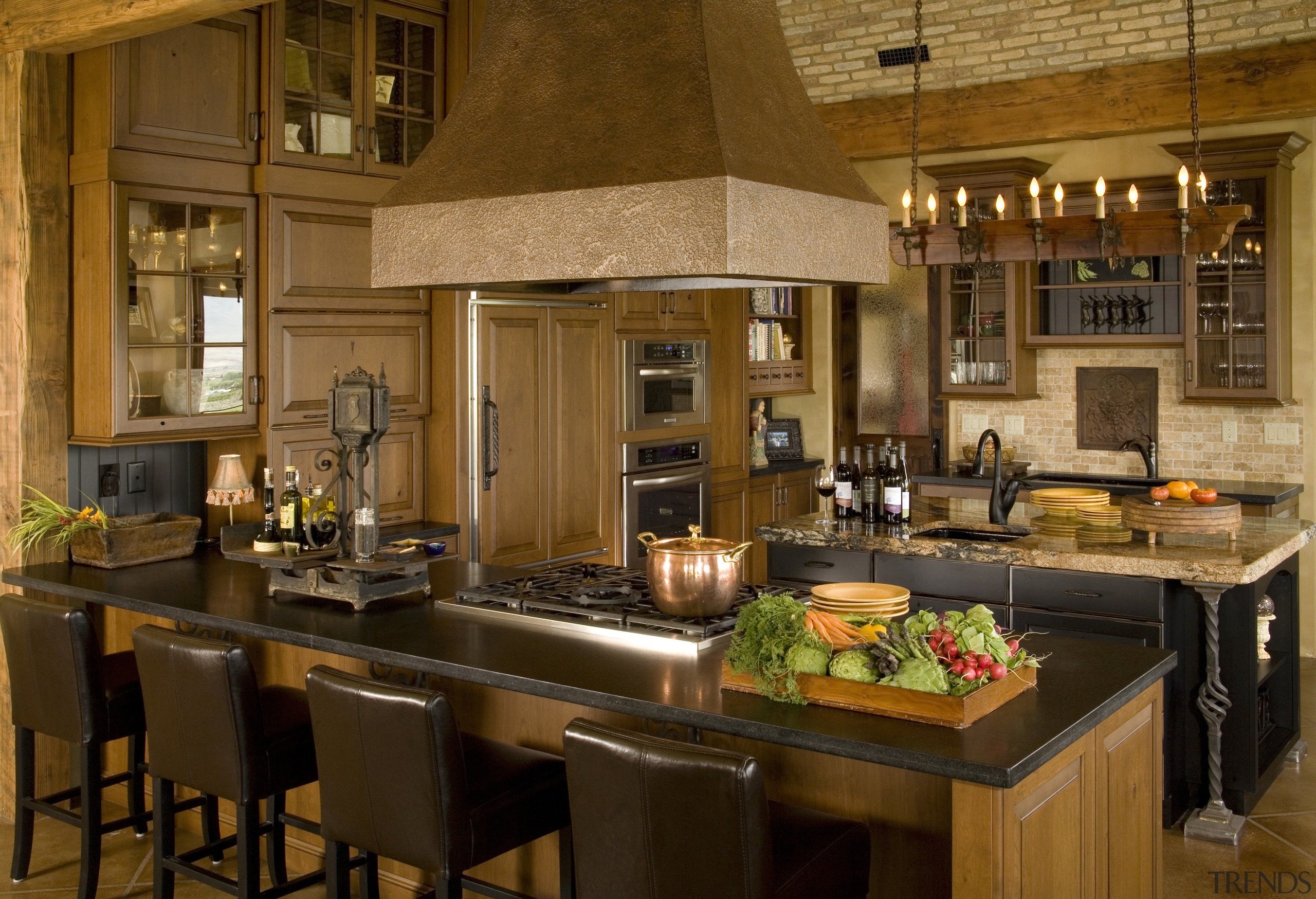 View of kitchen with barrel ceiling, light cabinets countertop, cuisine classique, interior design, kitchen, brown