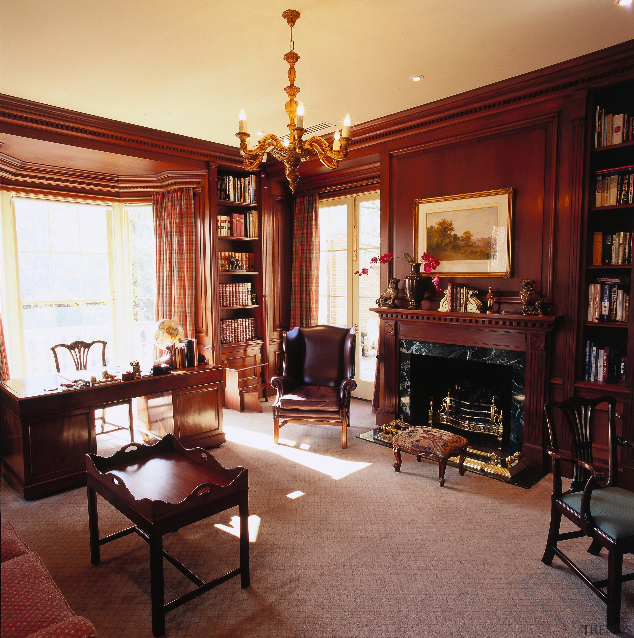 View of the study/ library, Brazillian mahogony wall-to-wall furniture, home, interior design, living room, room, window, red, orange