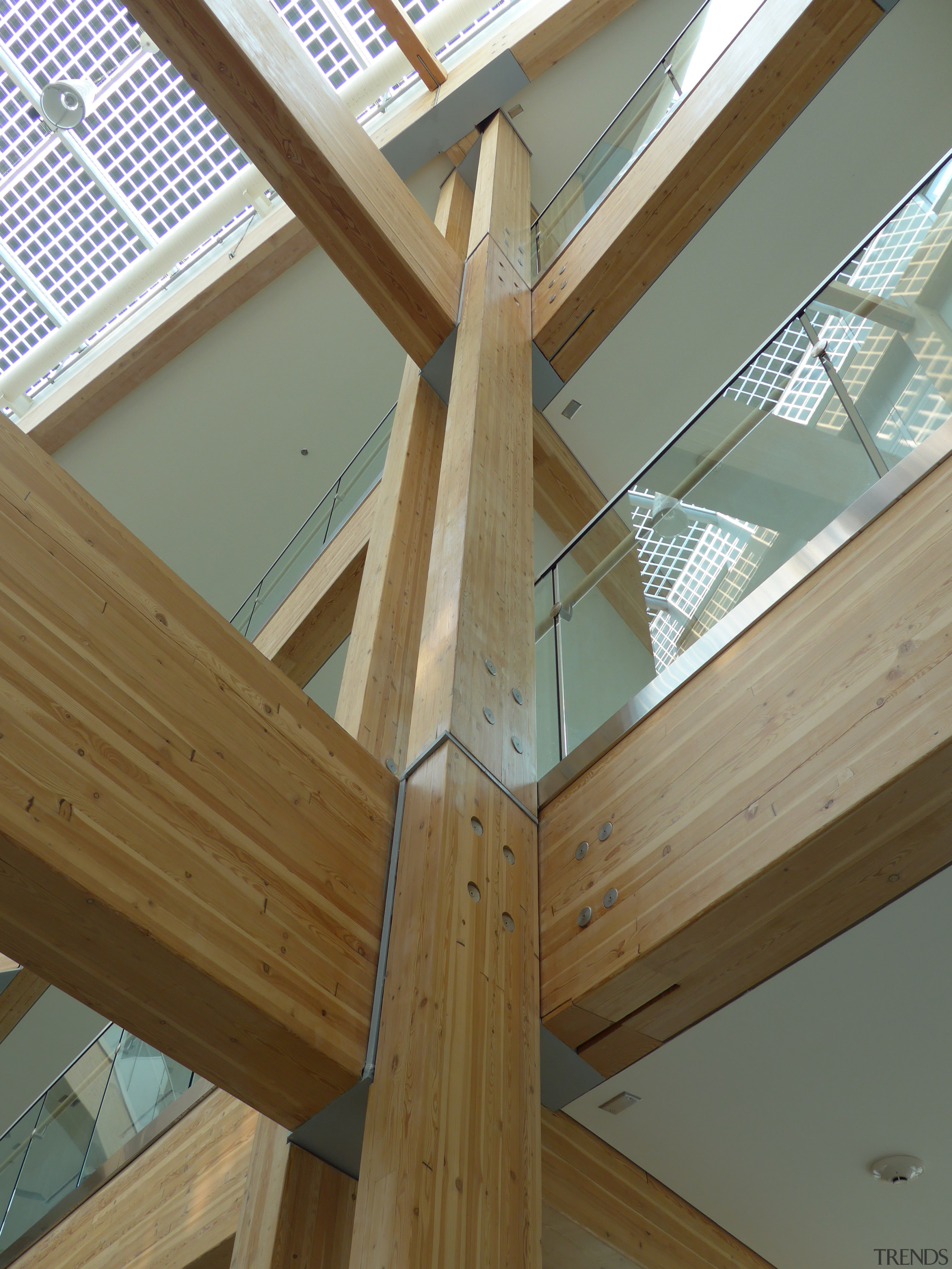 Glulam column and beam structures in buildings up angle, architecture, beam, daylighting, floor, glass, handrail, hardwood, home, house, lumber, roof, stairs, structure, window, wood, wood stain, brown, gray