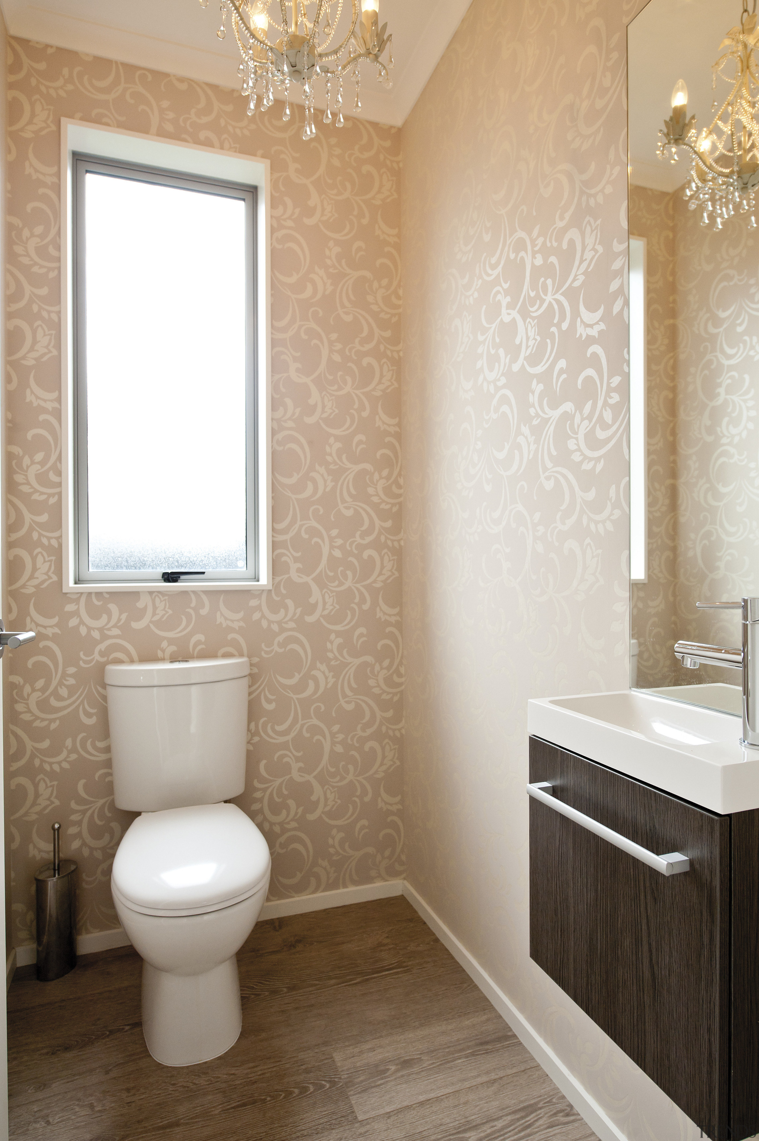 bathroom with toilet and vanity, peach wallpaper - bathroom, bathroom accessory, bathroom sink, bidet, ceramic, floor, flooring, home, interior design, plumbing fixture, room, sink, tile, toilet, toilet seat, wall, white, orange, brown