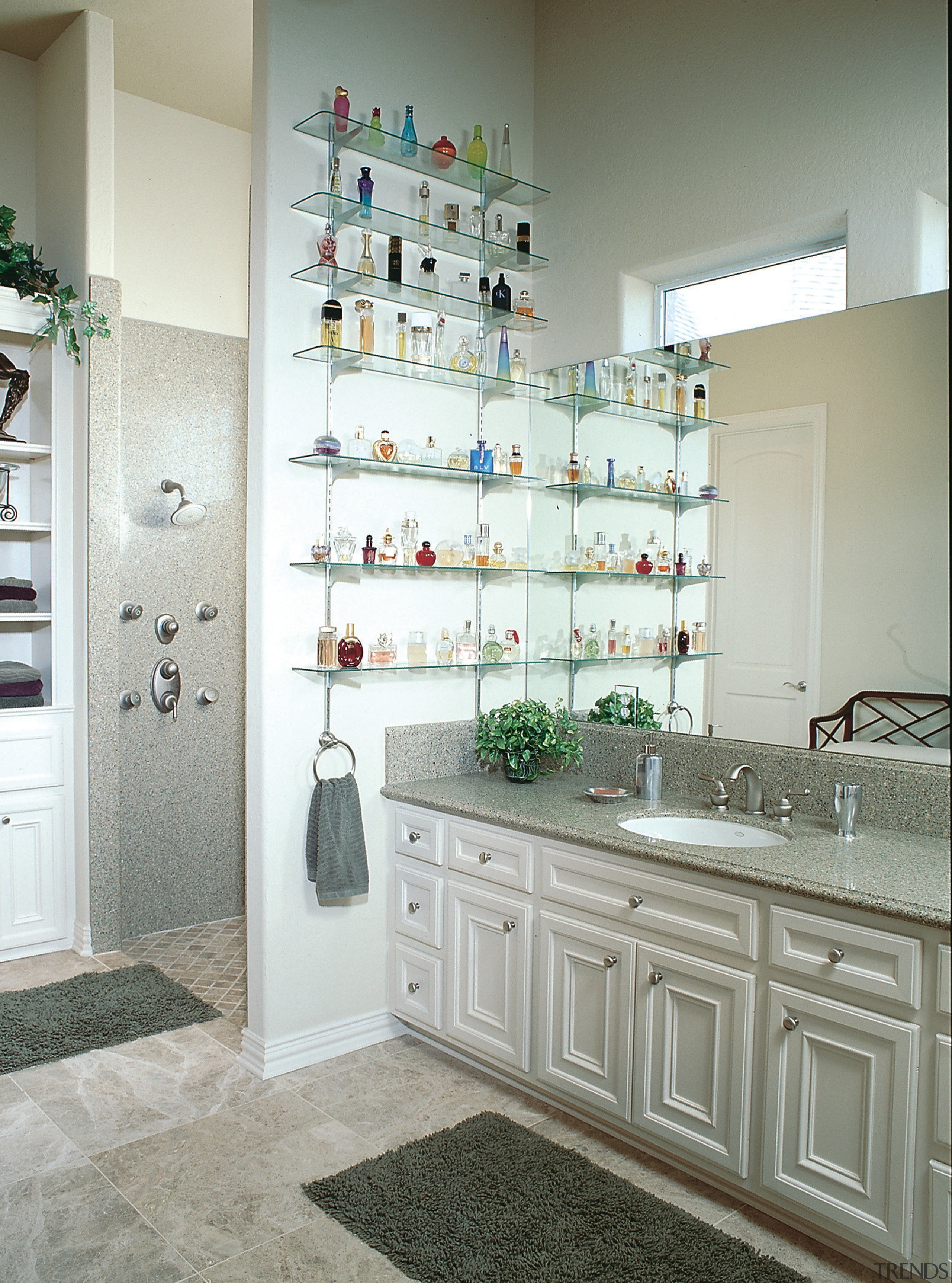 View of the bathroom vanity unit by Cosentino cabinetry, countertop, home, interior design, kitchen, room, shelf, shelving, gray, white
