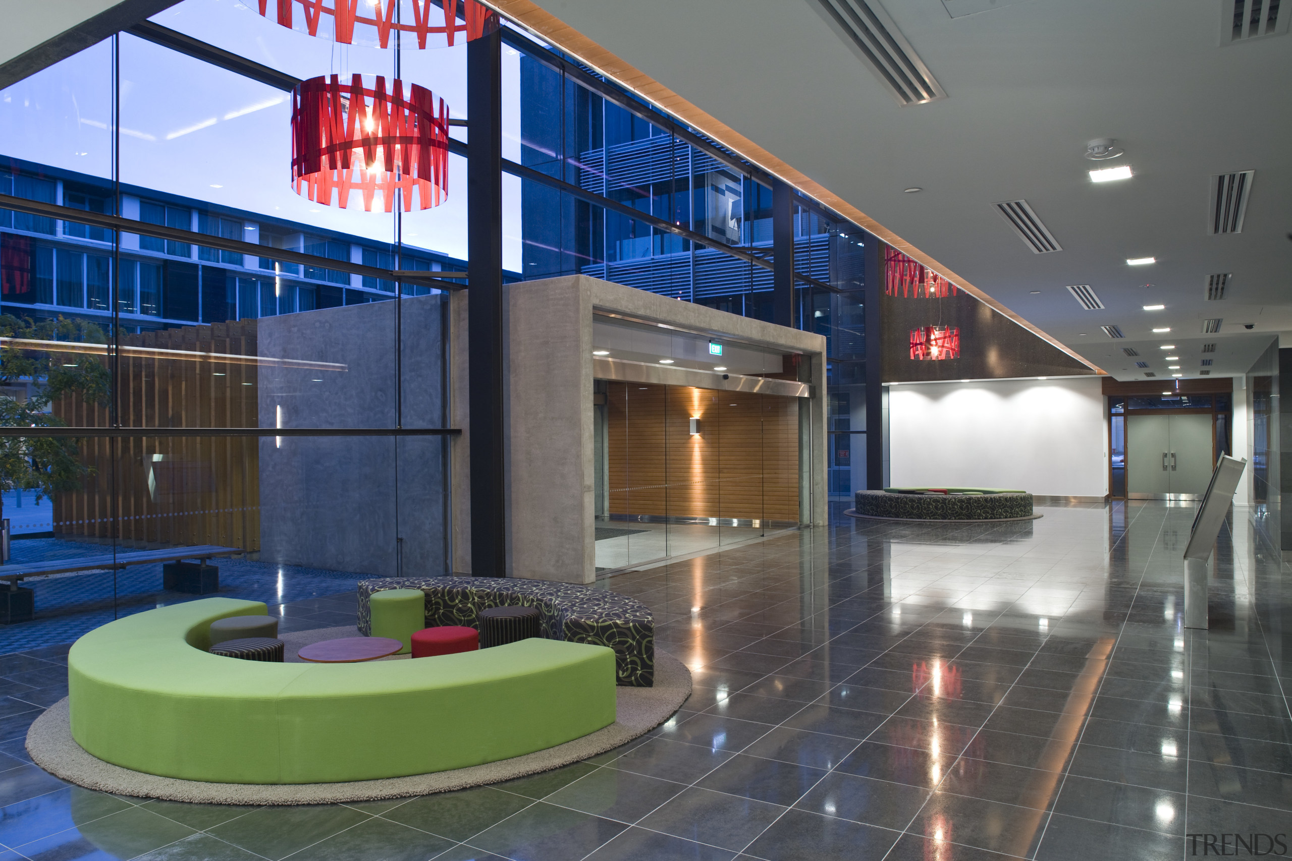 View of the atrium of the main commercial architecture, interior design, leisure centre, lobby, gray