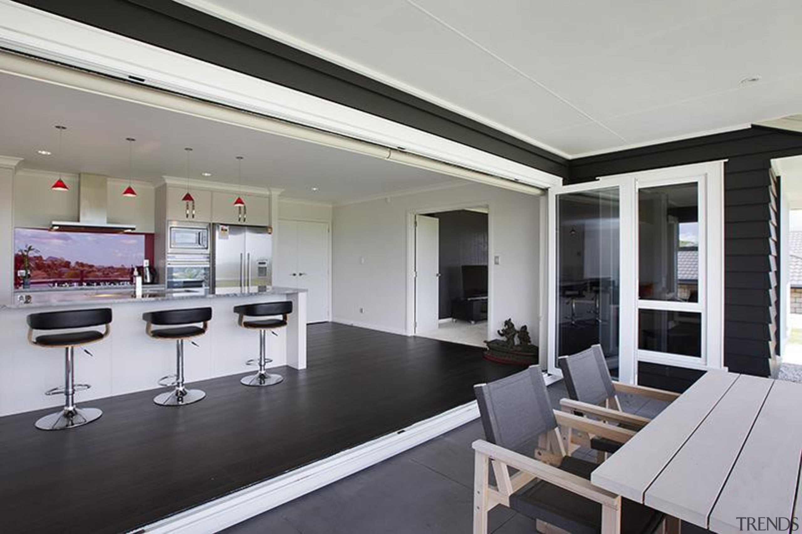 Open plan kitchen featured in award winning design interior design, real estate, window, gray, black