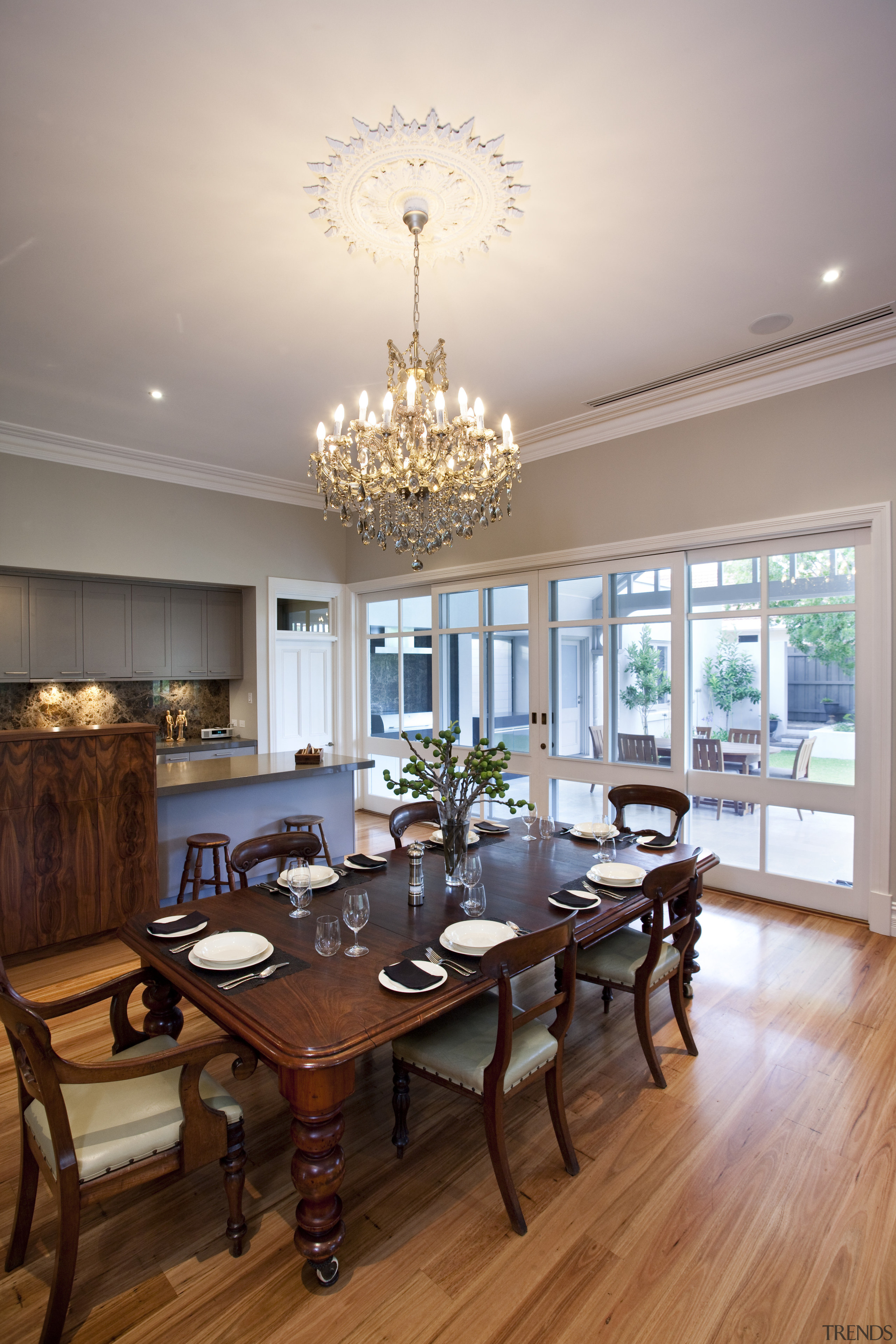 View of the dining room. - View of ceiling, dining room, floor, flooring, hardwood, home, interior design, living room, room, table, wood, wood flooring, gray