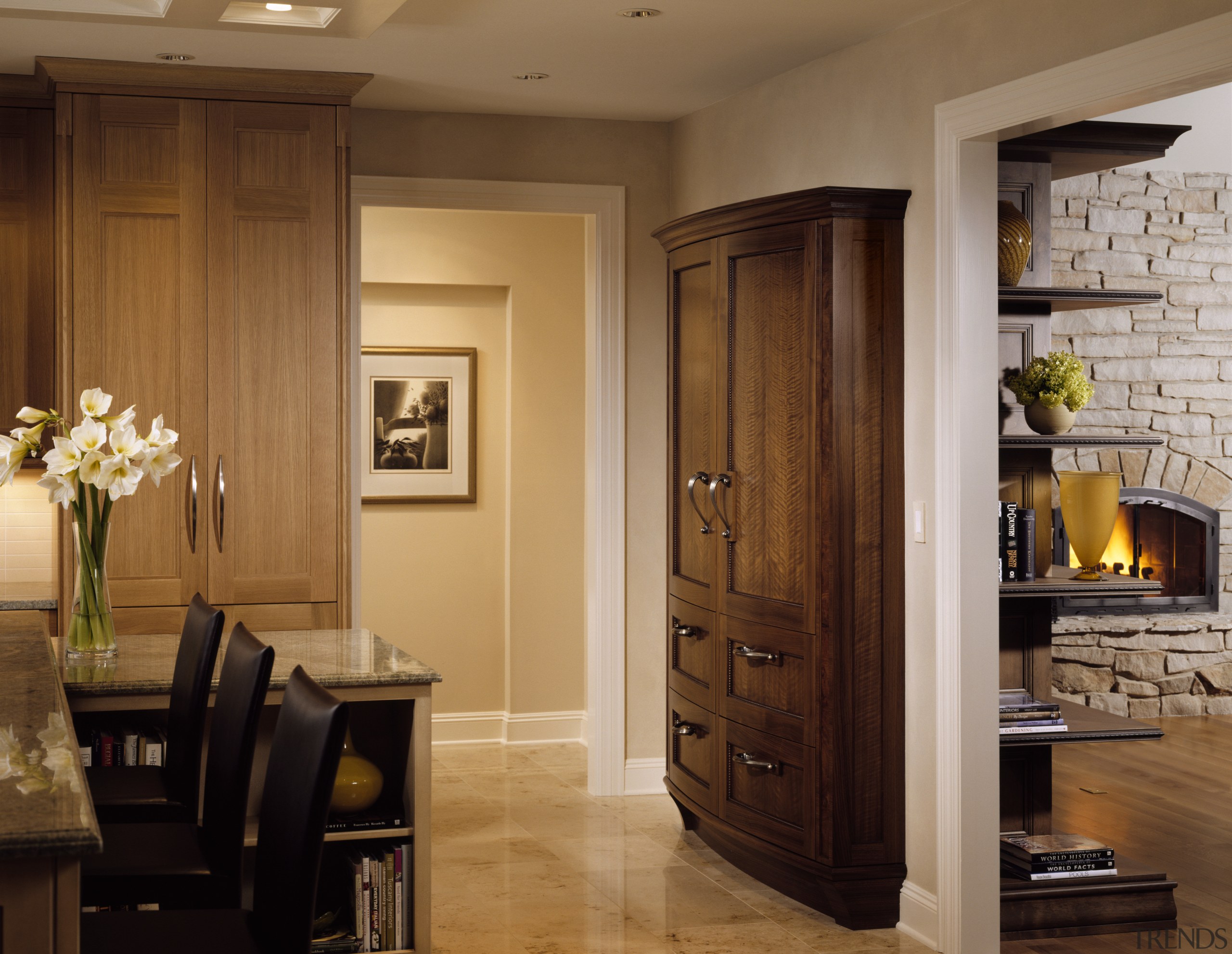 A view of this kitchen featuring customer timber cabinetry, cuisine classique, door, floor, flooring, furniture, hardwood, home, interior design, kitchen, living room, room, wood, wood flooring, wood stain, brown