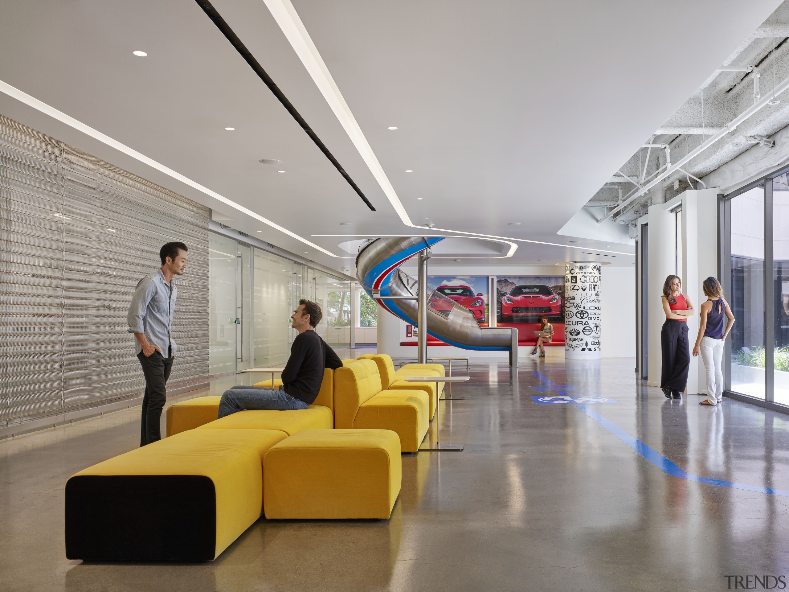 Staff at Edmunds.com are not compelled to be architecture, ceiling, interior design, lobby, gray