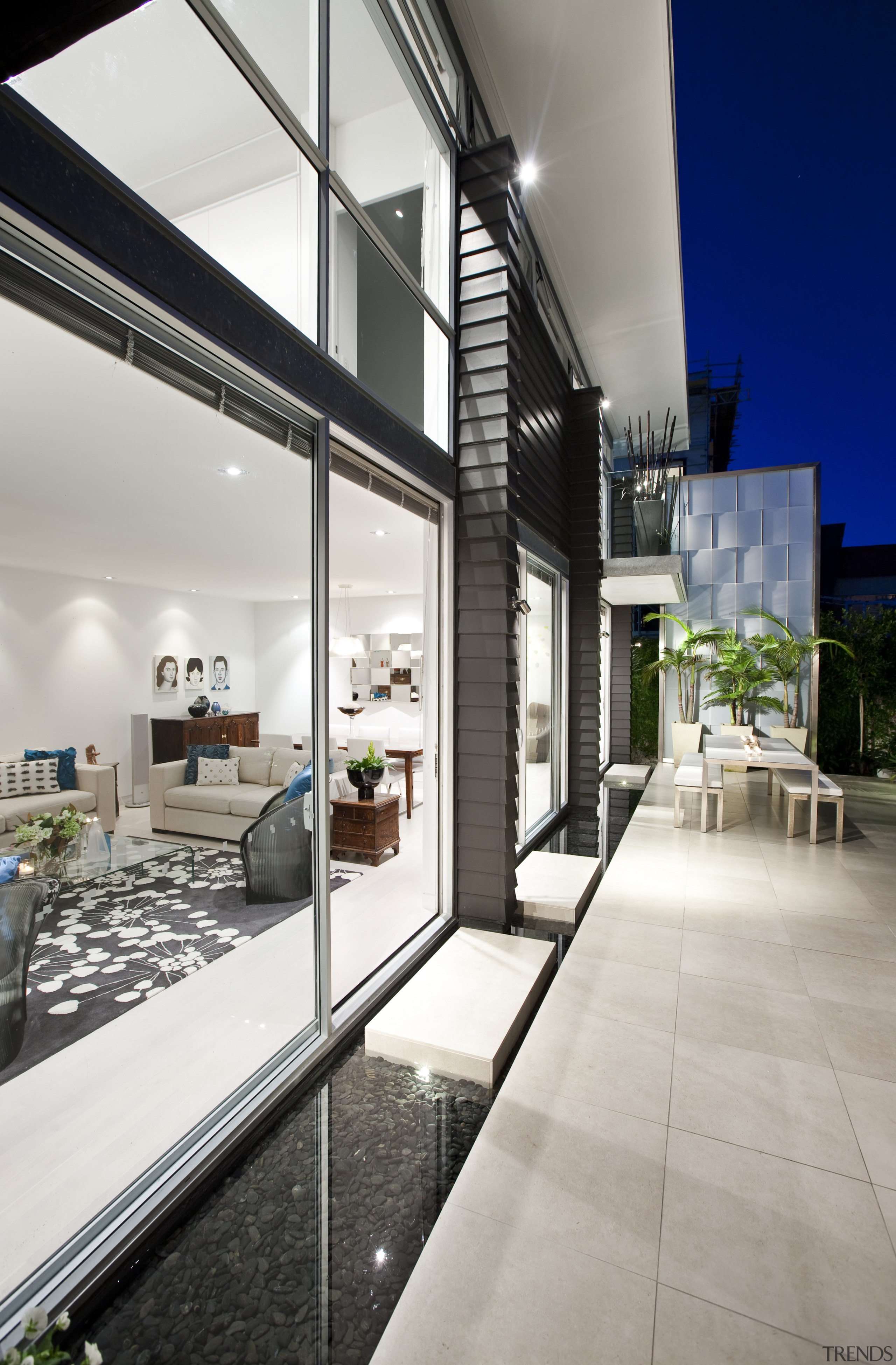 View of renovated home with black and white apartment, architecture, condominium, daylighting, house, interior design, real estate, gray