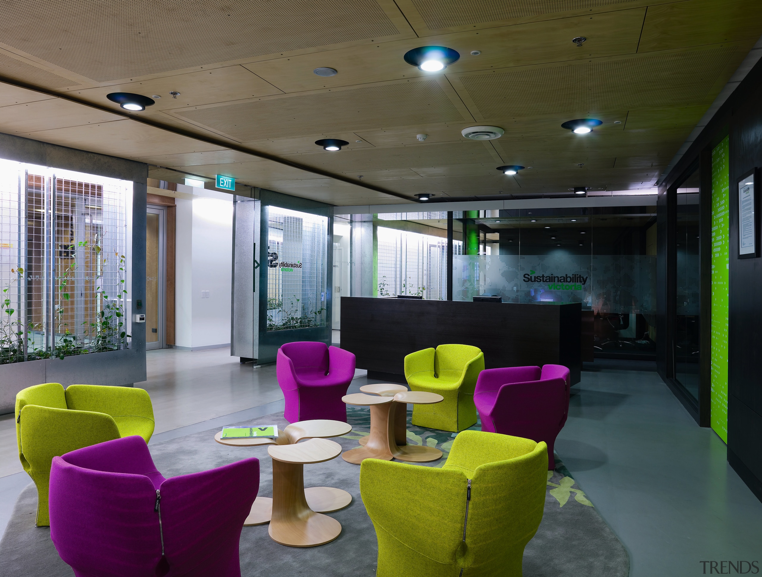 A view of this office breakout area featuring architecture, ceiling, interior design, lobby, office, gray, brown