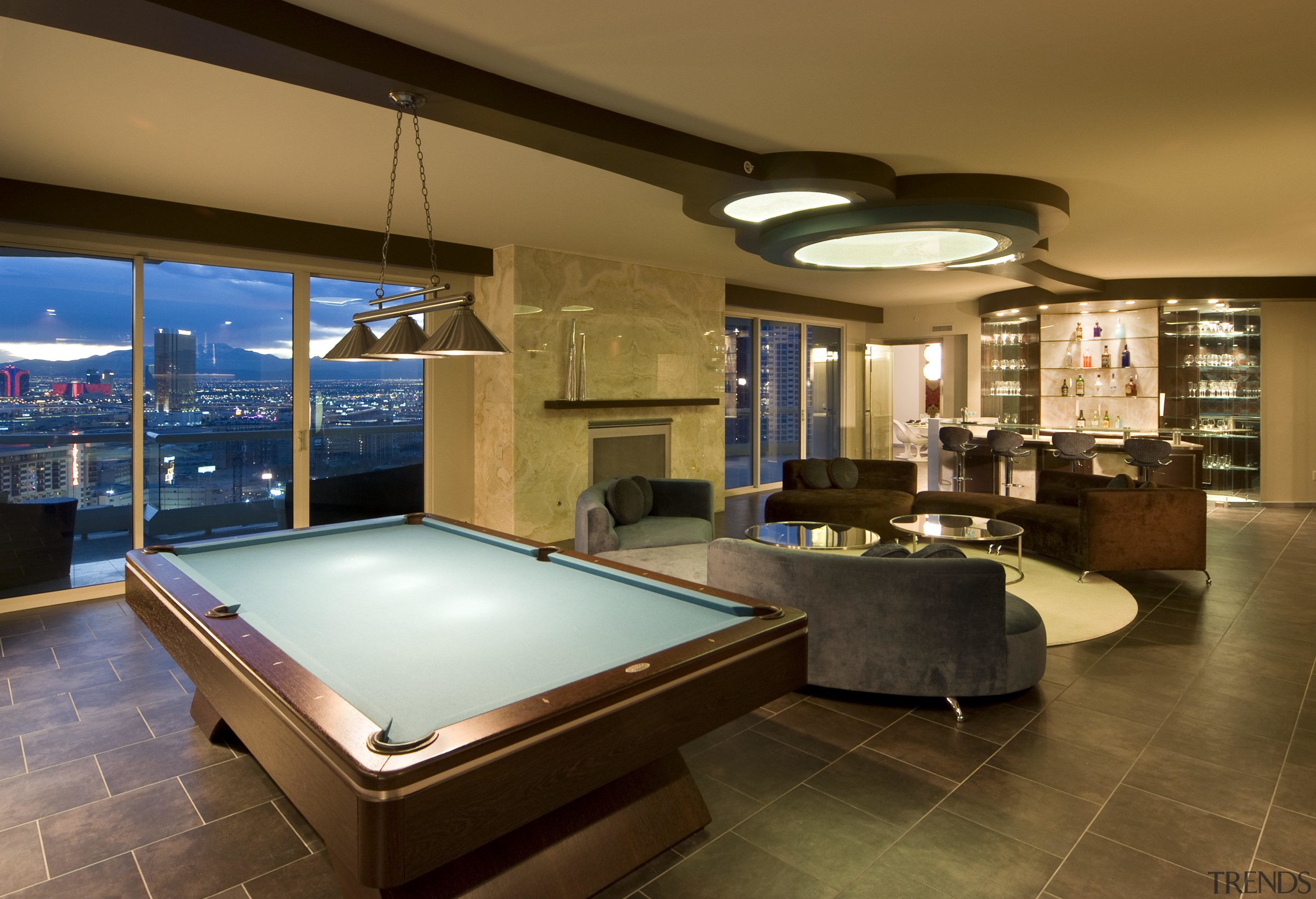 View of apartment living area designed by Design billiard room, billiard table, interior design, pool, real estate, recreation room, table, brown