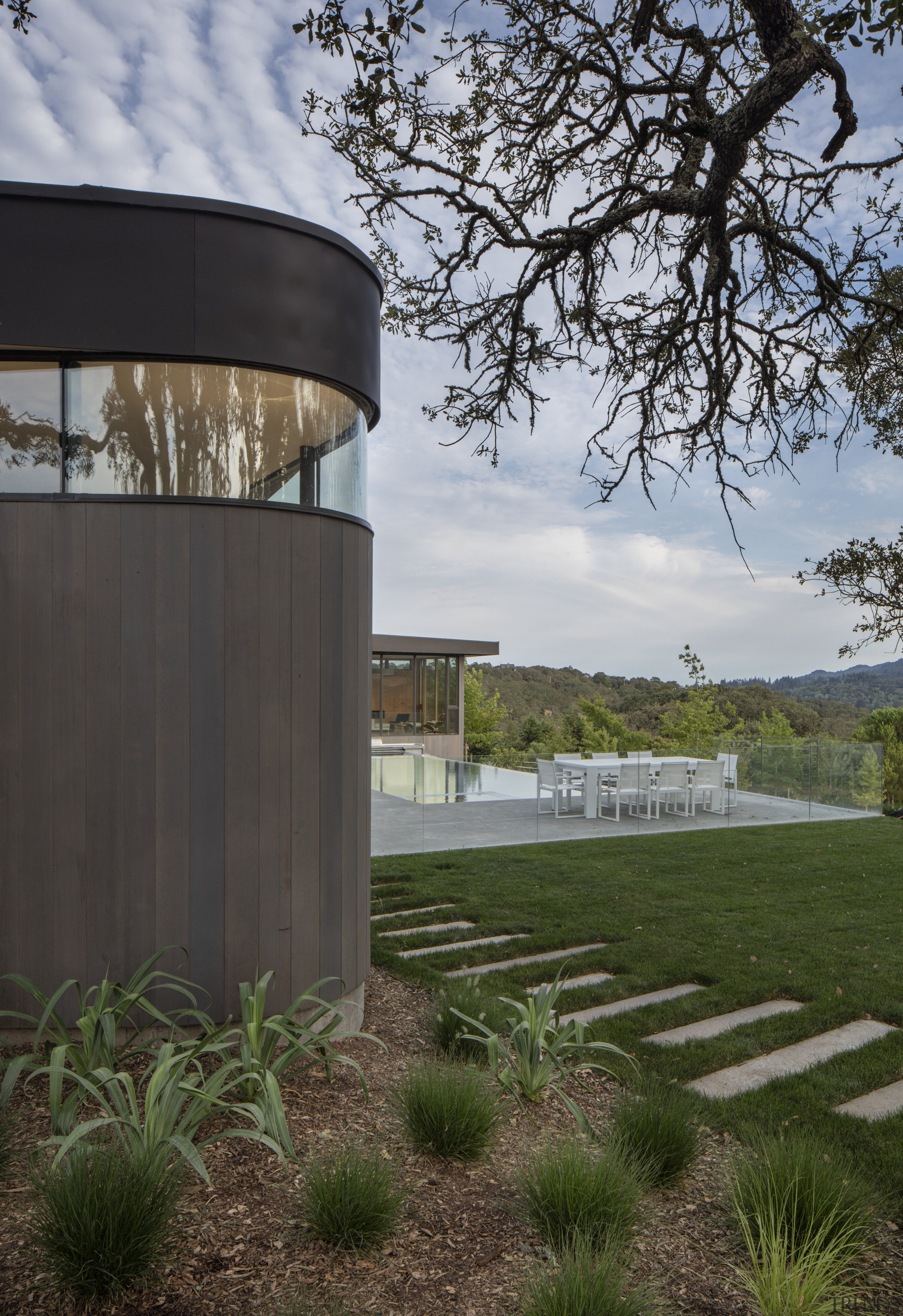 The master suite of this Neal Schwartz-designed home architecture, estate, facade, grass, home, house, landscape, real estate, gray, black, brown