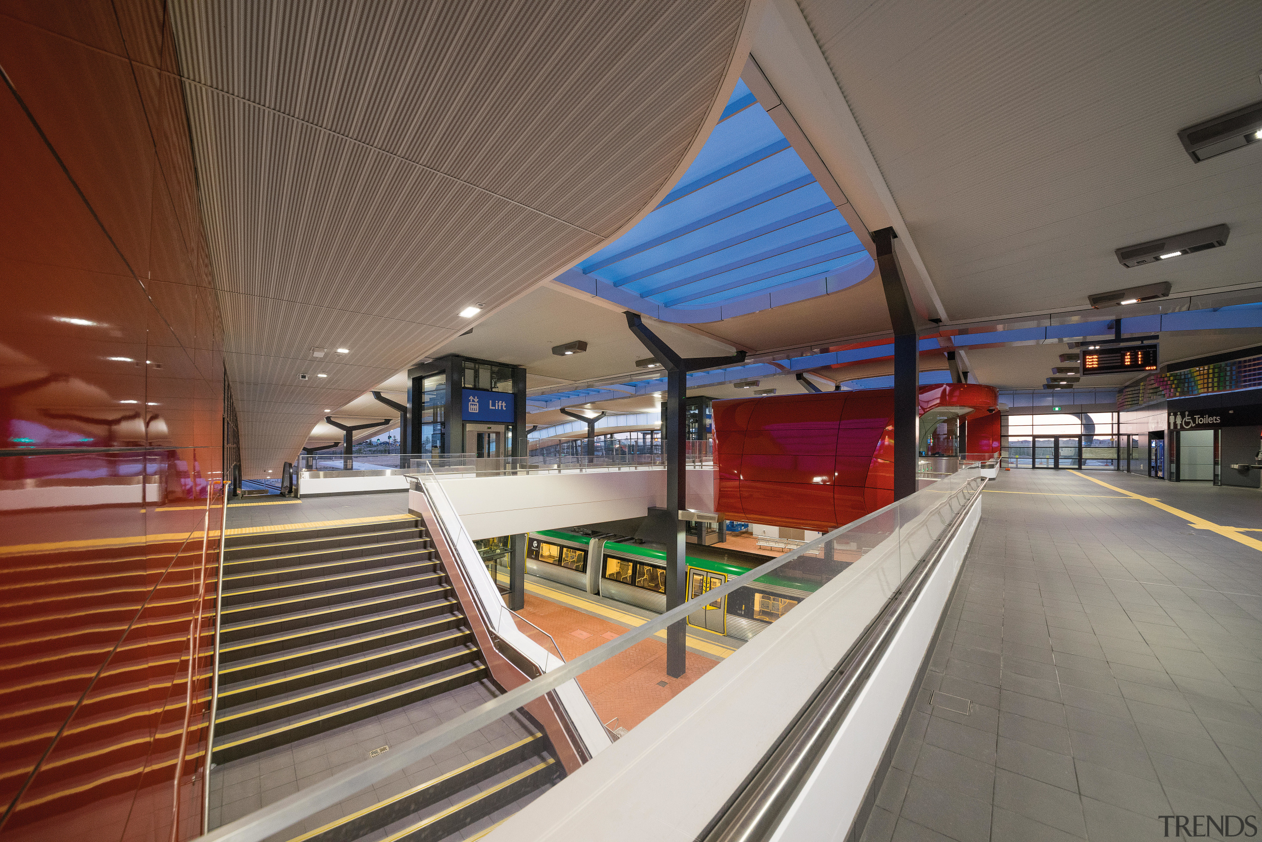 Blue Danpalon skylights link the two roofs of architecture, leisure centre, metropolitan area, structure, gray