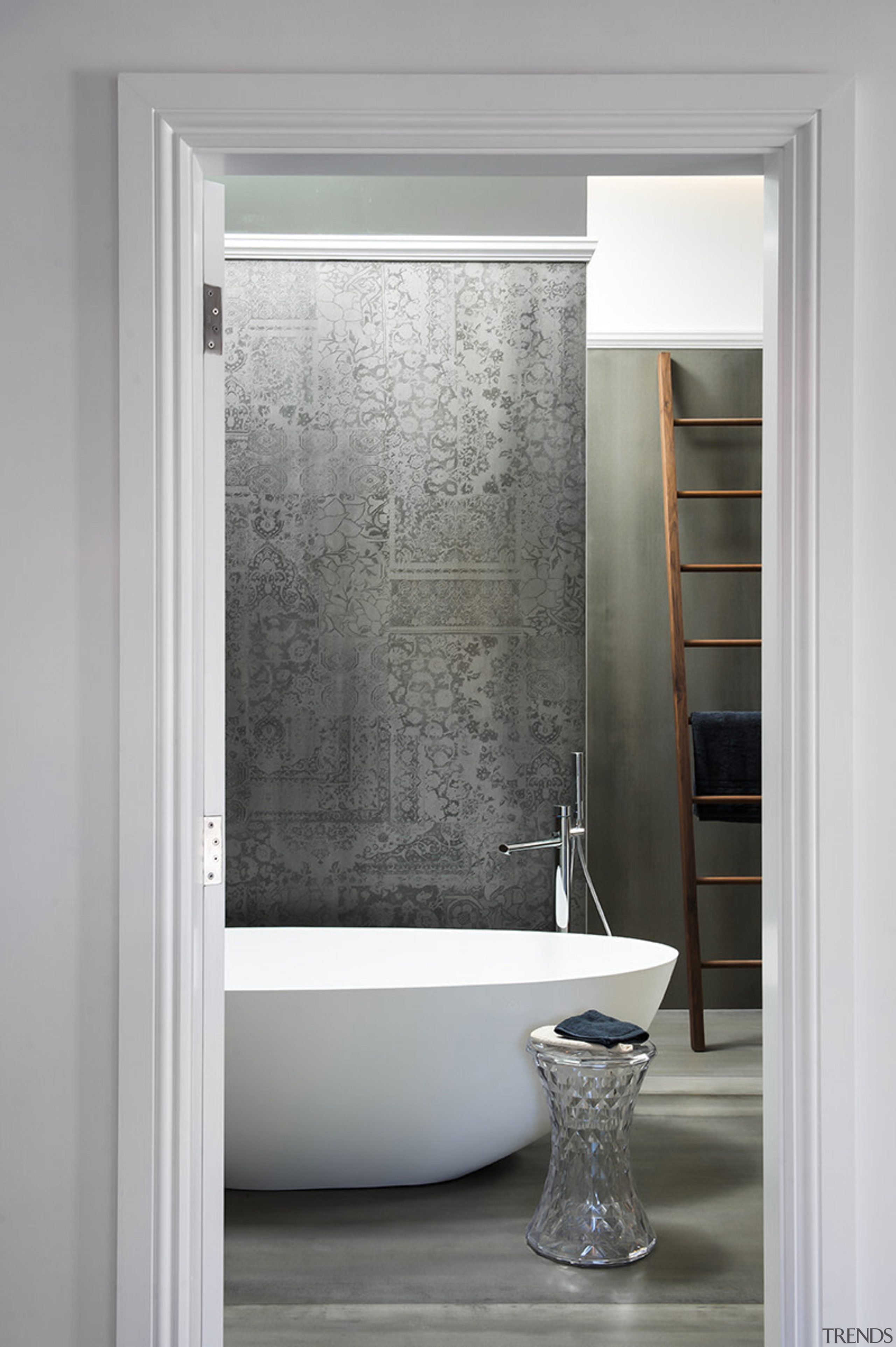 While the freestanding tub and walnut towel-rail ladder bathroom, bathroom accessory, bathroom cabinet, door, interior design, room, tap, wall, windowTiles, Minosa Design, Freestanding bath, 