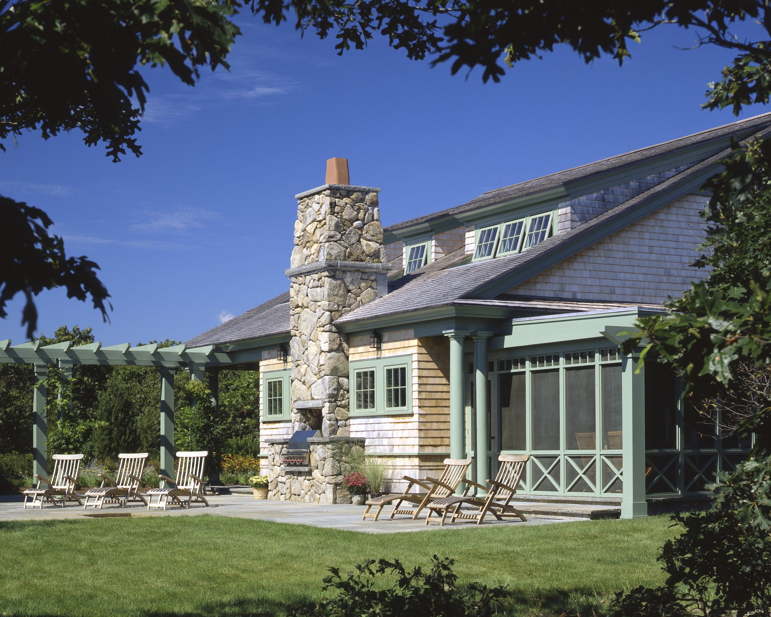 Exterior view of the house, shingle siding, shinlge cottage, estate, facade, farmhouse, historic house, home, house, mansion, outdoor structure, property, real estate, blue