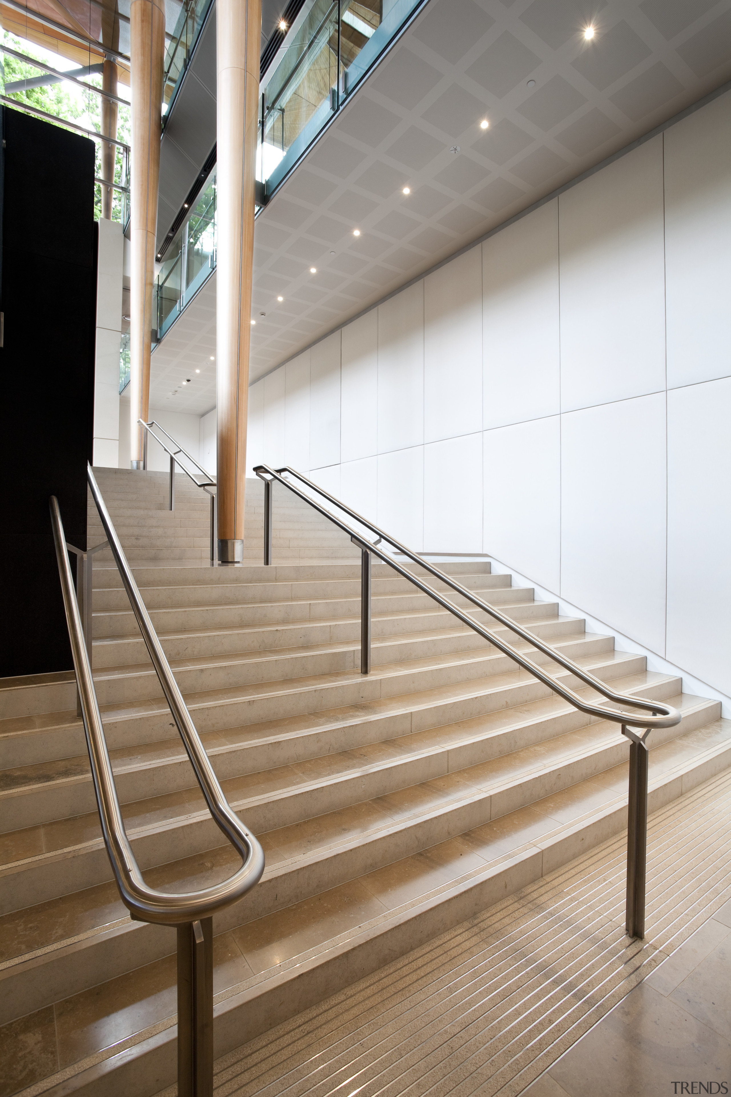 Here is a view of the work done architecture, daylighting, floor, flooring, glass, handrail, interior design, line, product design, stairs, gray, brown