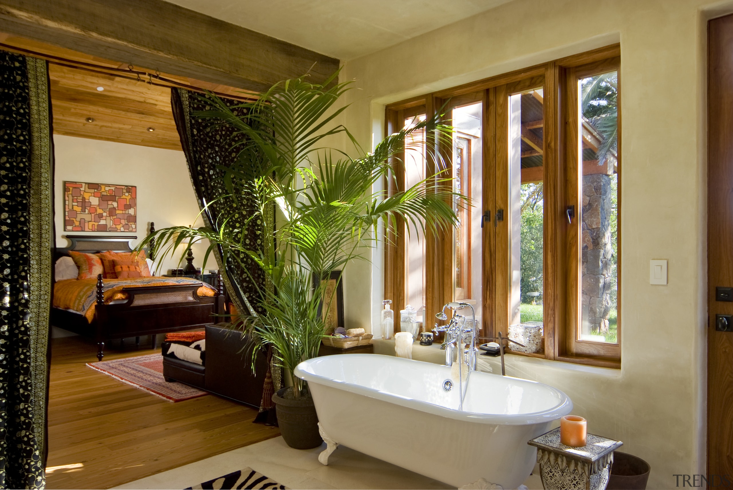 In this new house, the large beam above bathroom, estate, home, interior design, living room, real estate, room, window, brown