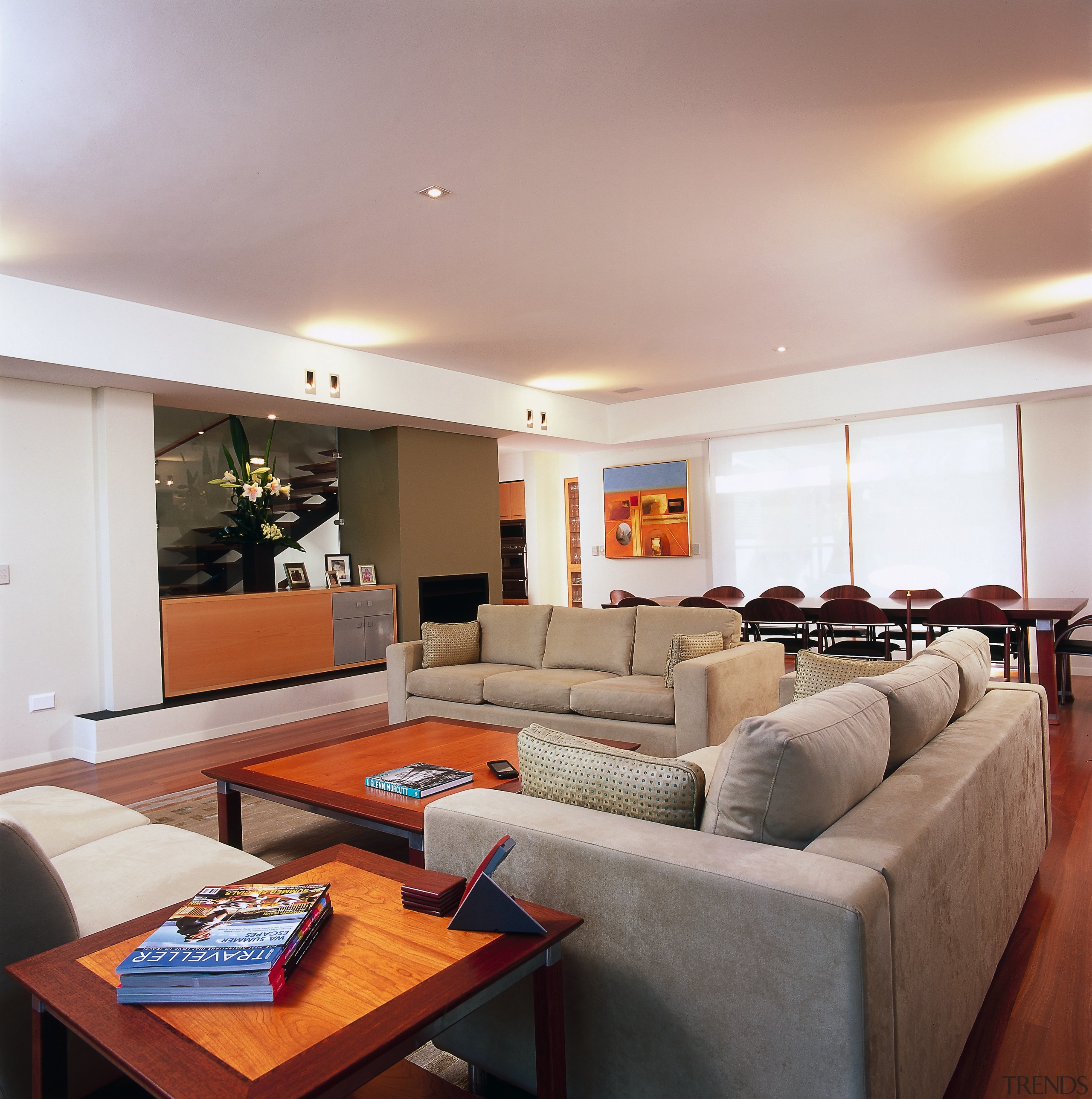 A view of living and dining area with ceiling, interior design, living room, real estate, room, gray