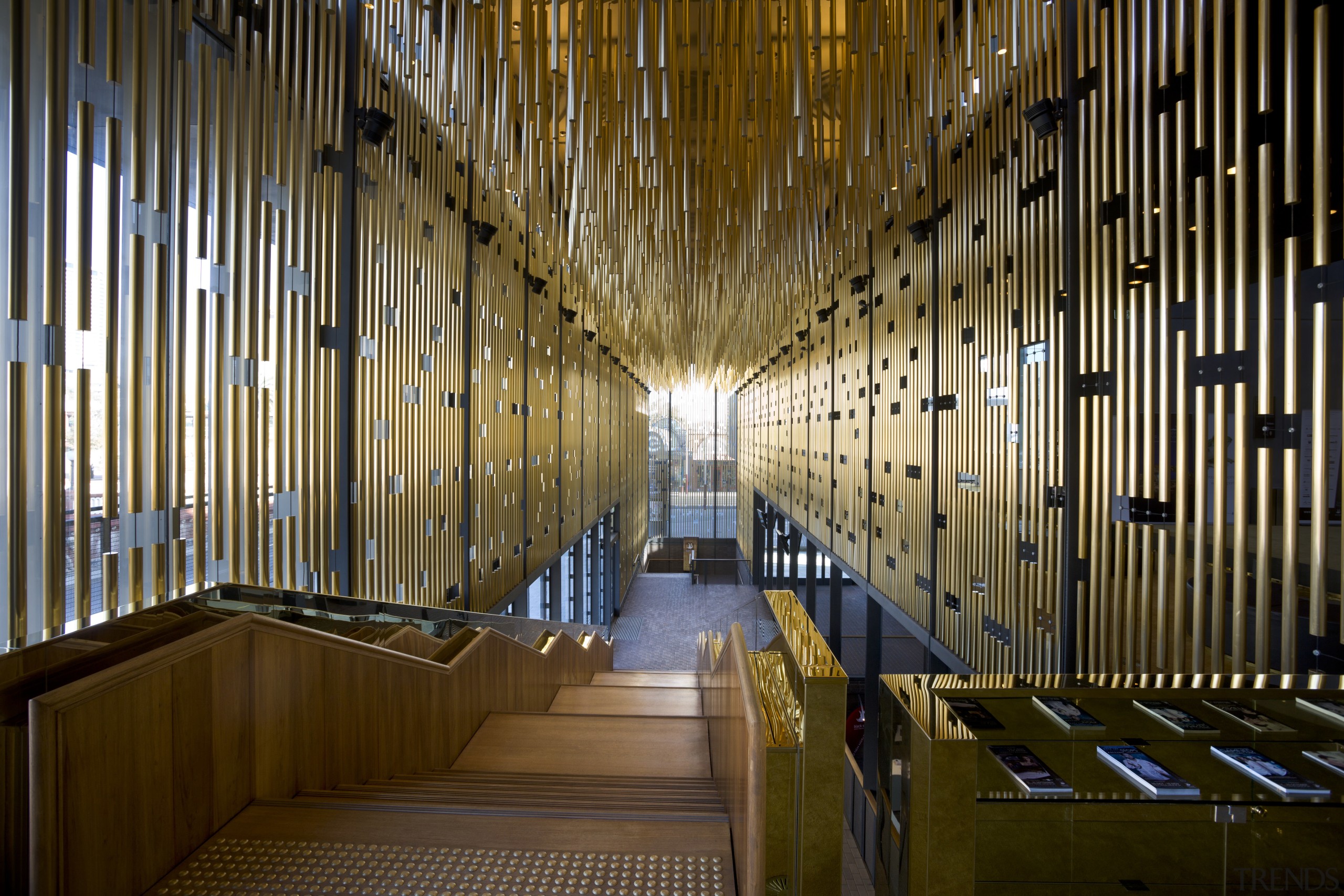 This is the Perth State Theatre, designed by architecture, building, ceiling, interior design, light, lighting, lobby, brown