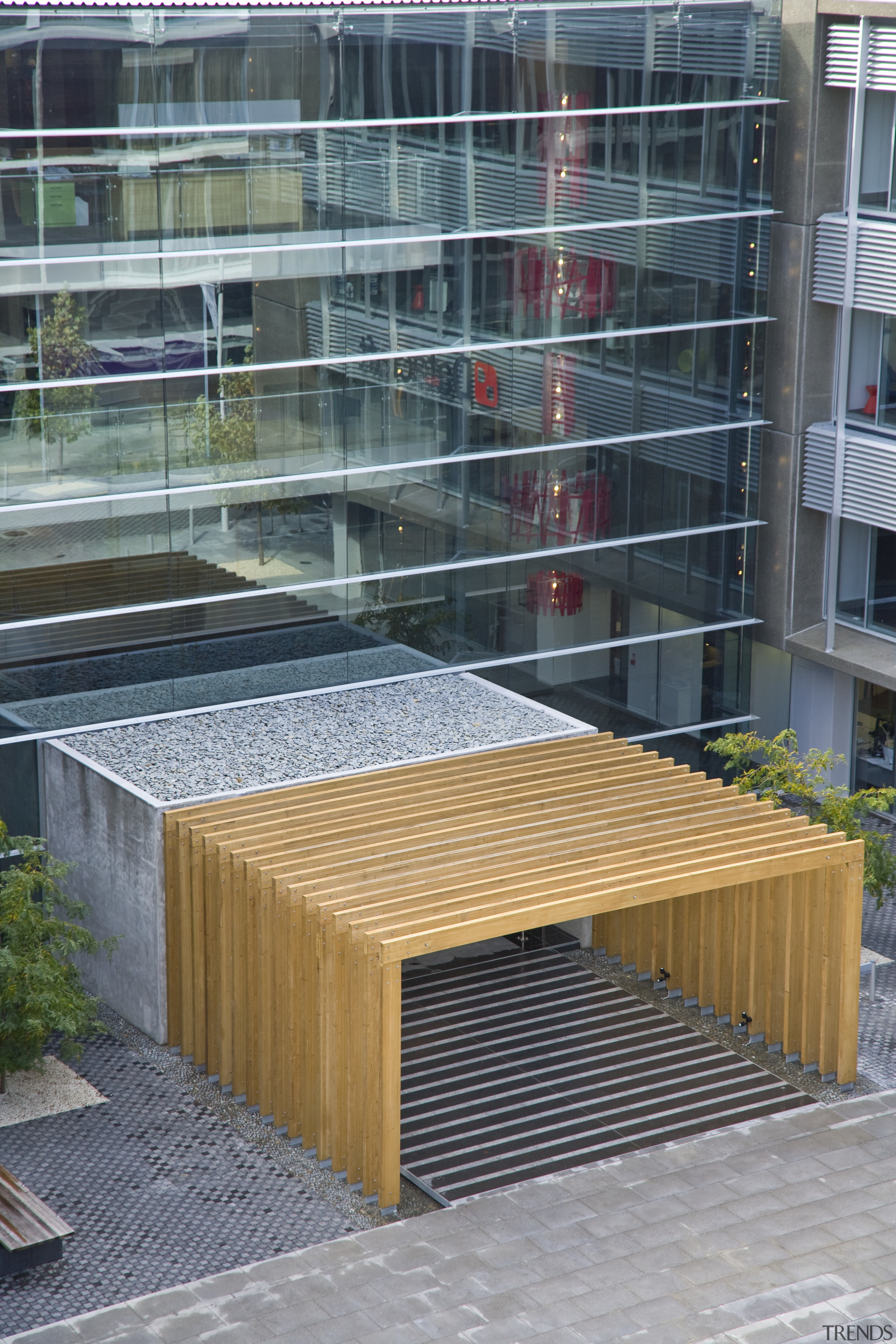 Exterior view of Carlaw Park which was developed architecture, facade, furniture, glass, gray