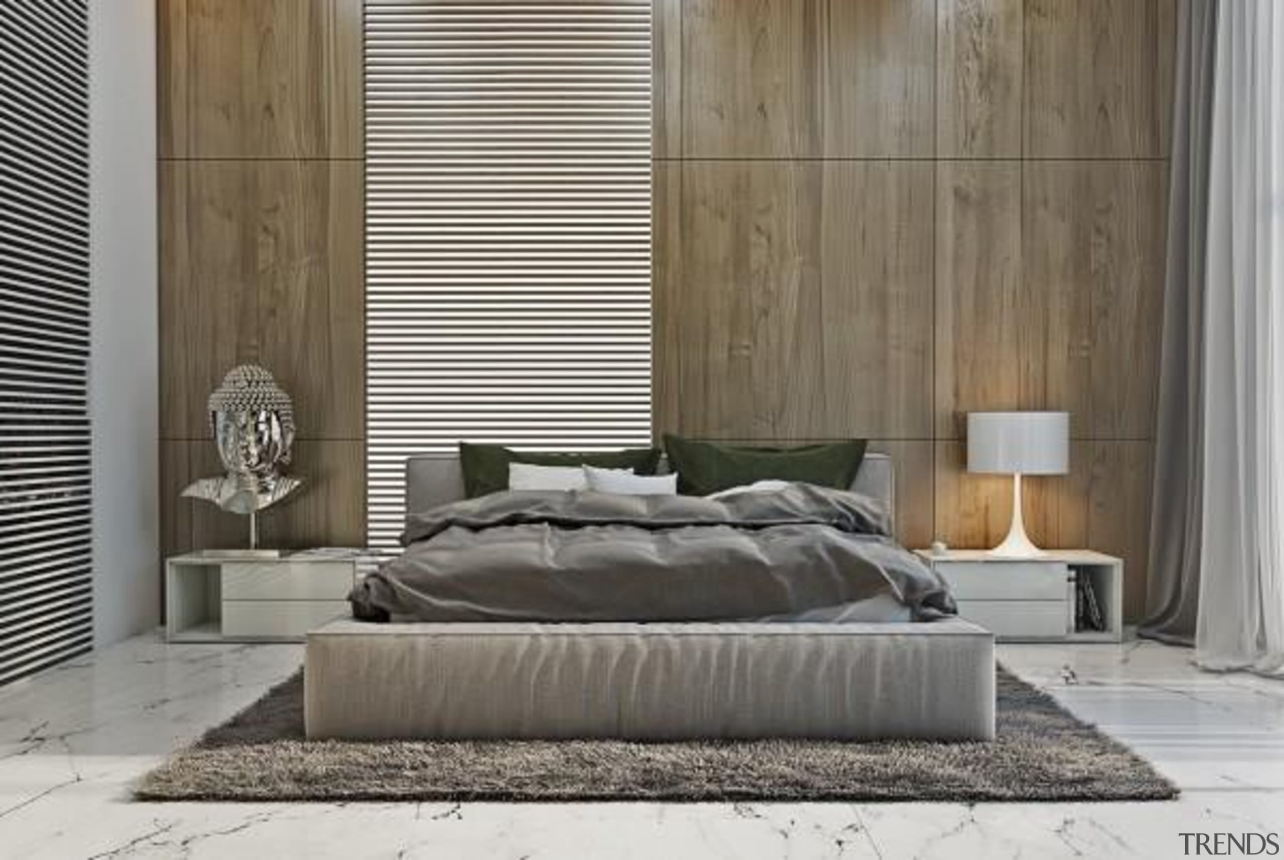 modern minimalist asian style bedroom - Masculine Apartments bed, bed frame, bed sheet, bedroom, floor, furniture, home, interior design, mattress, wall, window covering, gray