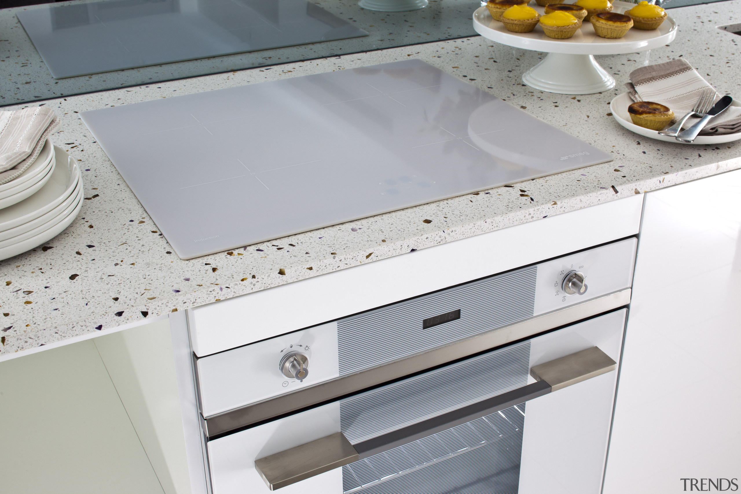 smeg oven integrated into white marble benchtop - countertop, furniture, home appliance, kitchen, kitchen appliance, kitchen stove, major appliance, product design, table, white, gray