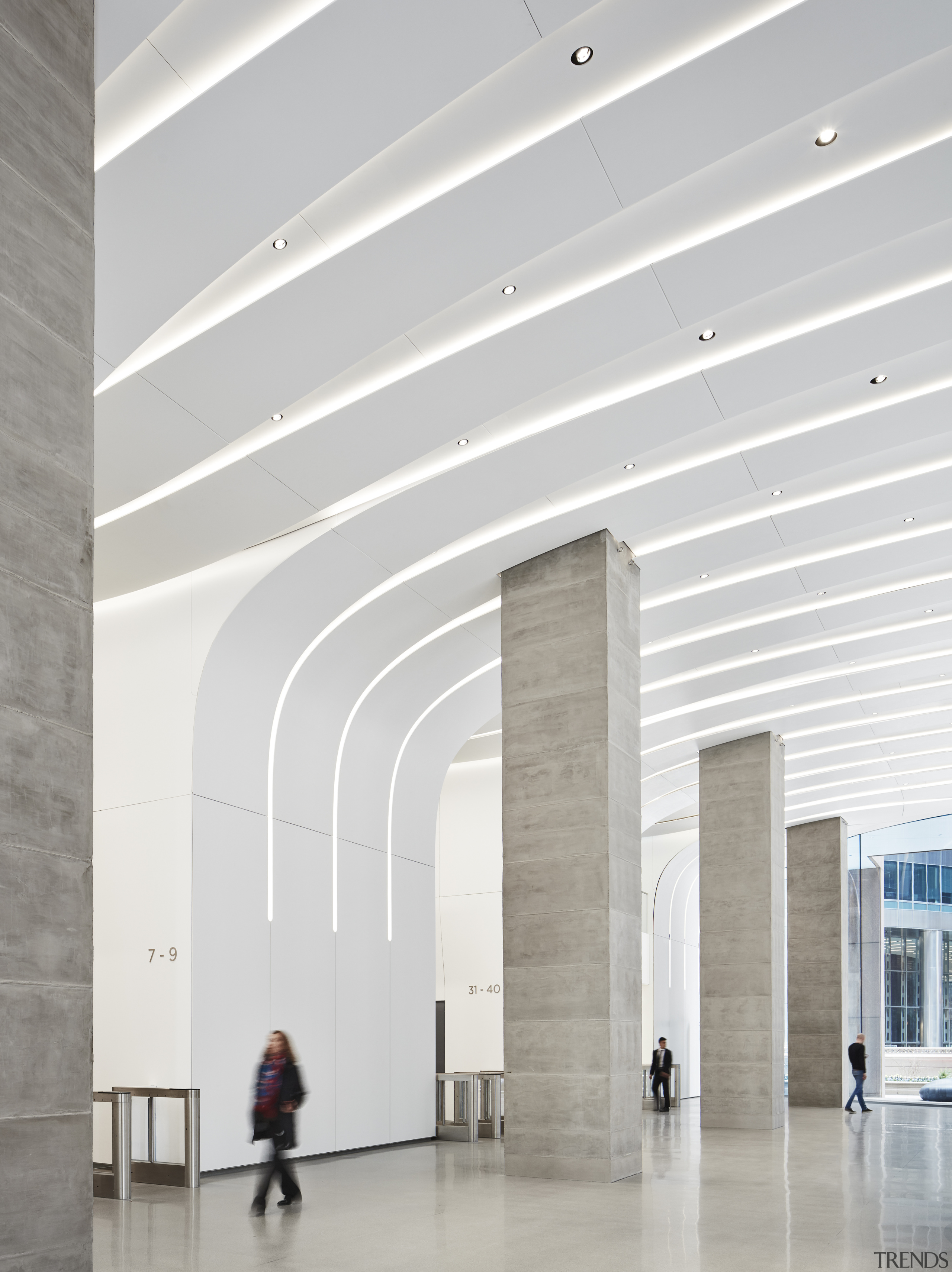 Made of tough composite Krion, the lobby wall architecture, building, ceiling, columns, interior design, line, lobby, CMe Centre, Kruek and Sexton