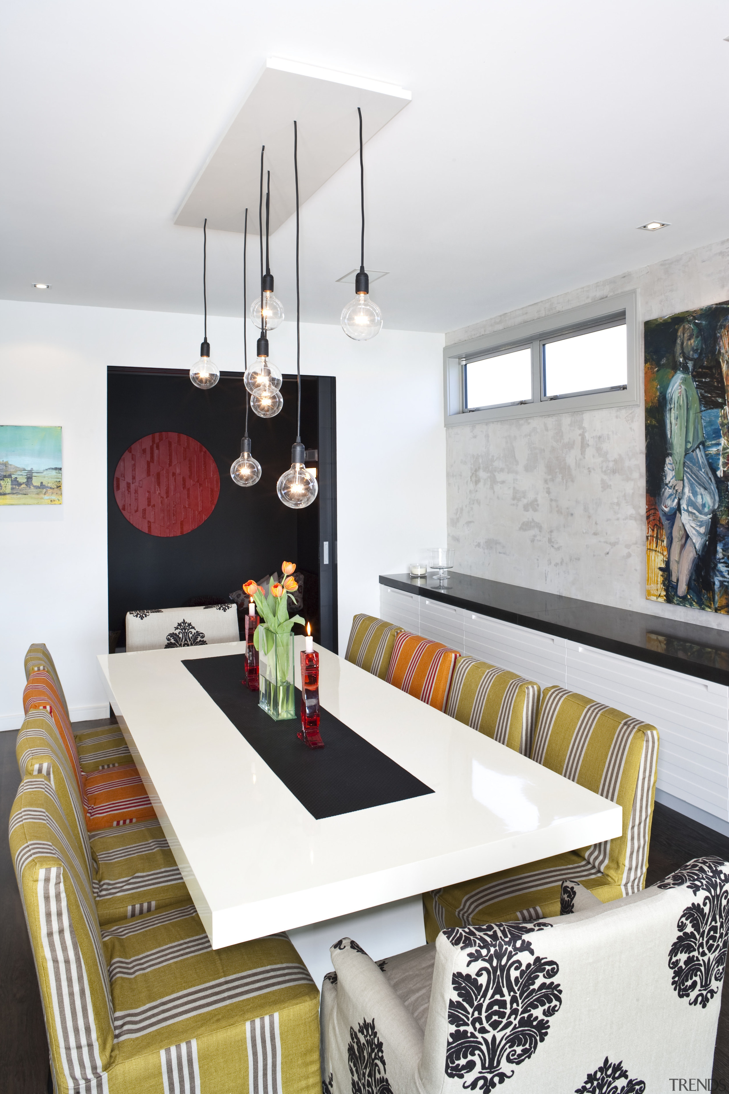 Interior view of a modern home by Jessop dining room, furniture, home, interior design, living room, room, table, white