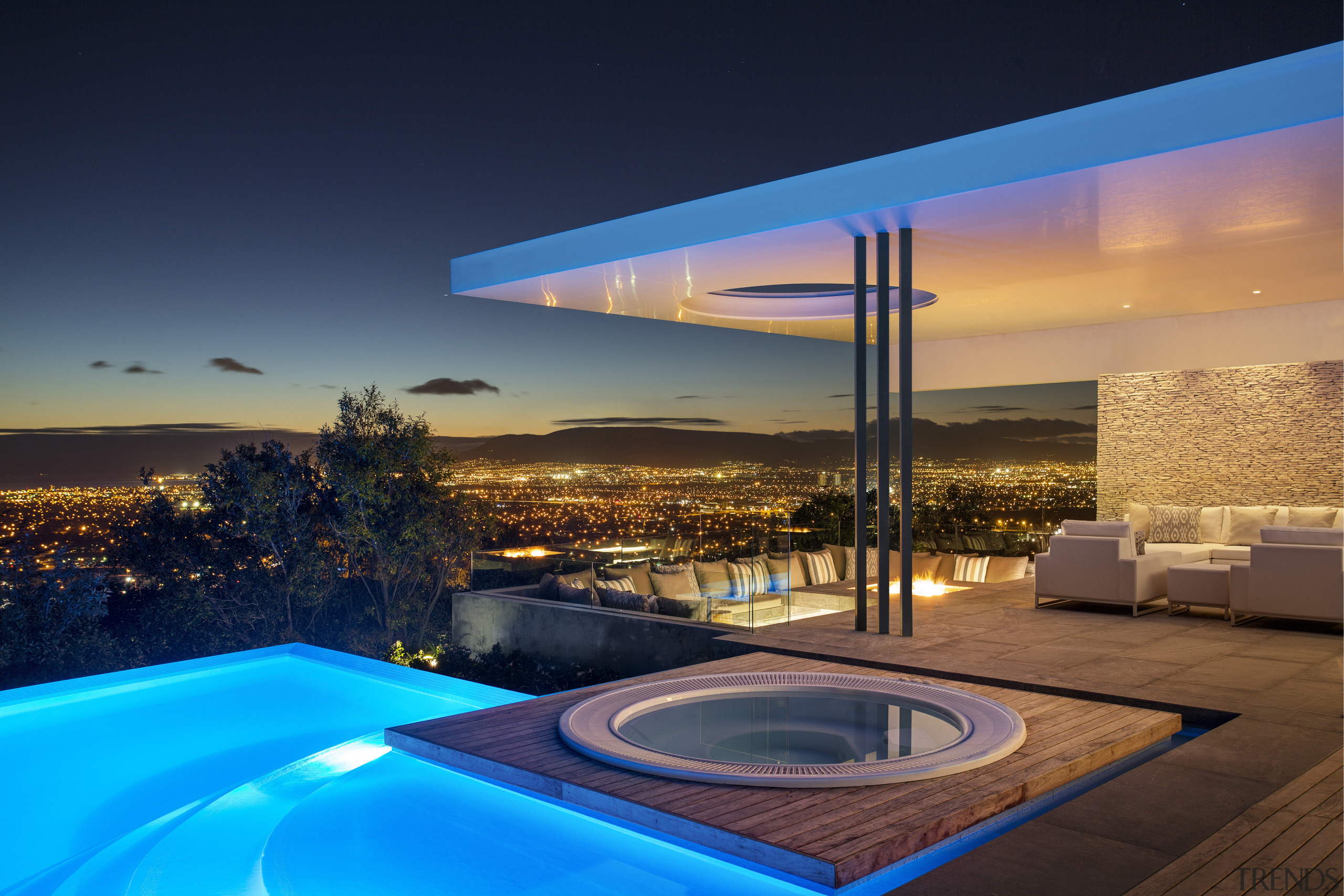 Pool, spa, covered terrace and a sunken seating architecture, estate, home, house, interior design, lighting, property, real estate, reflection, sky, swimming pool, blue